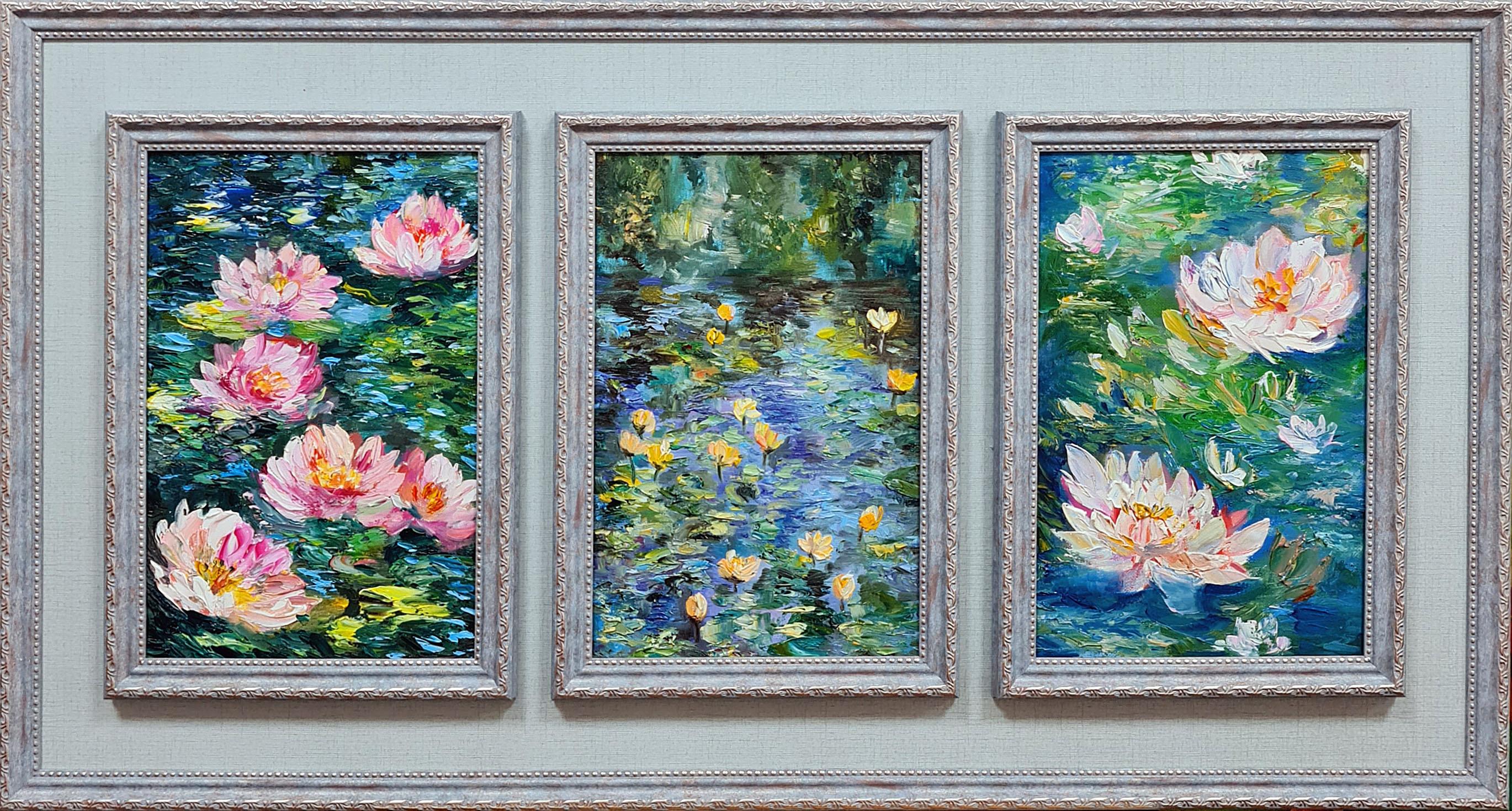 Lilies and water lilies. A shady pond. A Monet-style triptych.