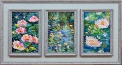 Lilies and water lilies. A shady pond. A Monet-style triptych.