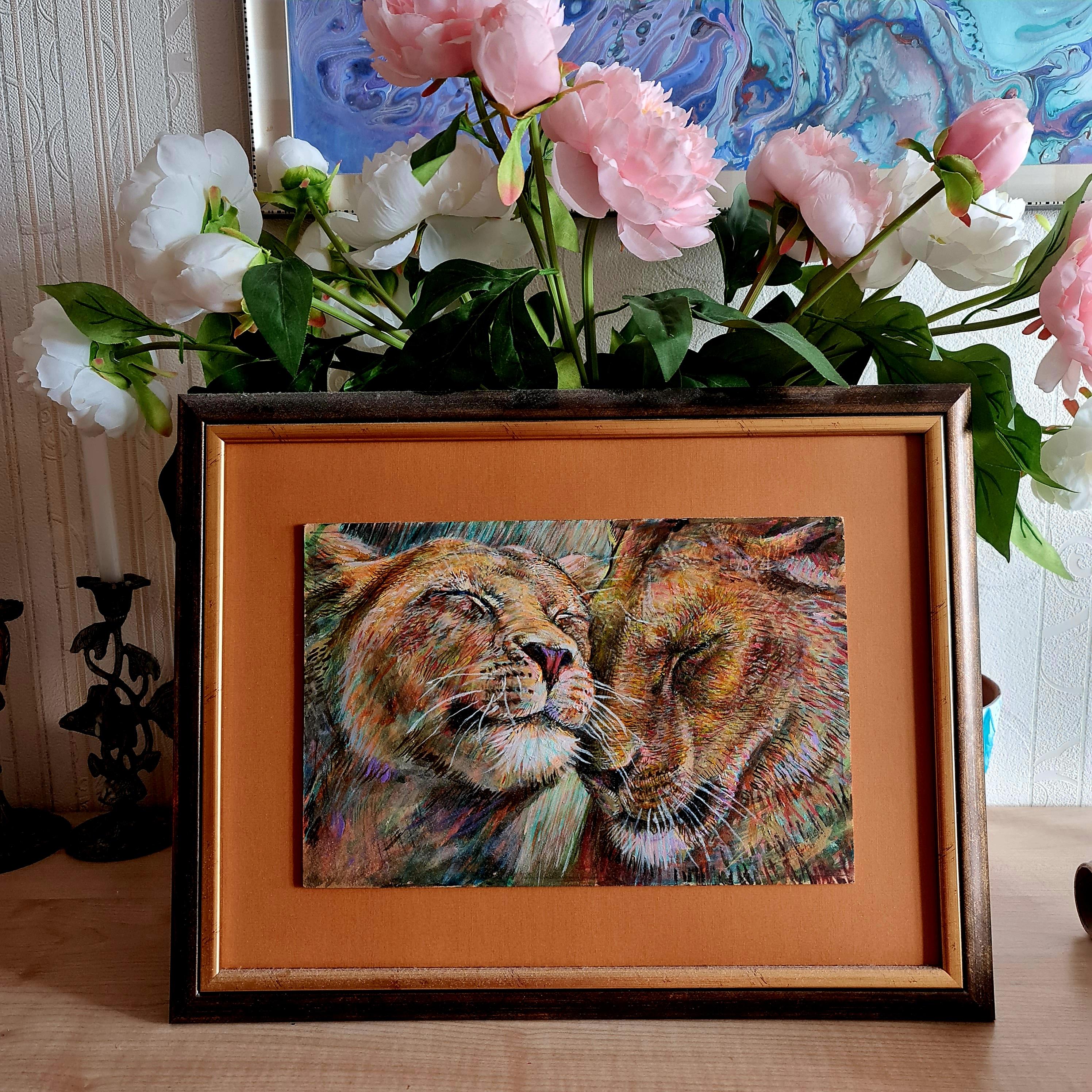 Liebe und Zärtlichkeit. Löwen. Originalgemälde Volskaya, Original – Painting von Lilya Volskaya