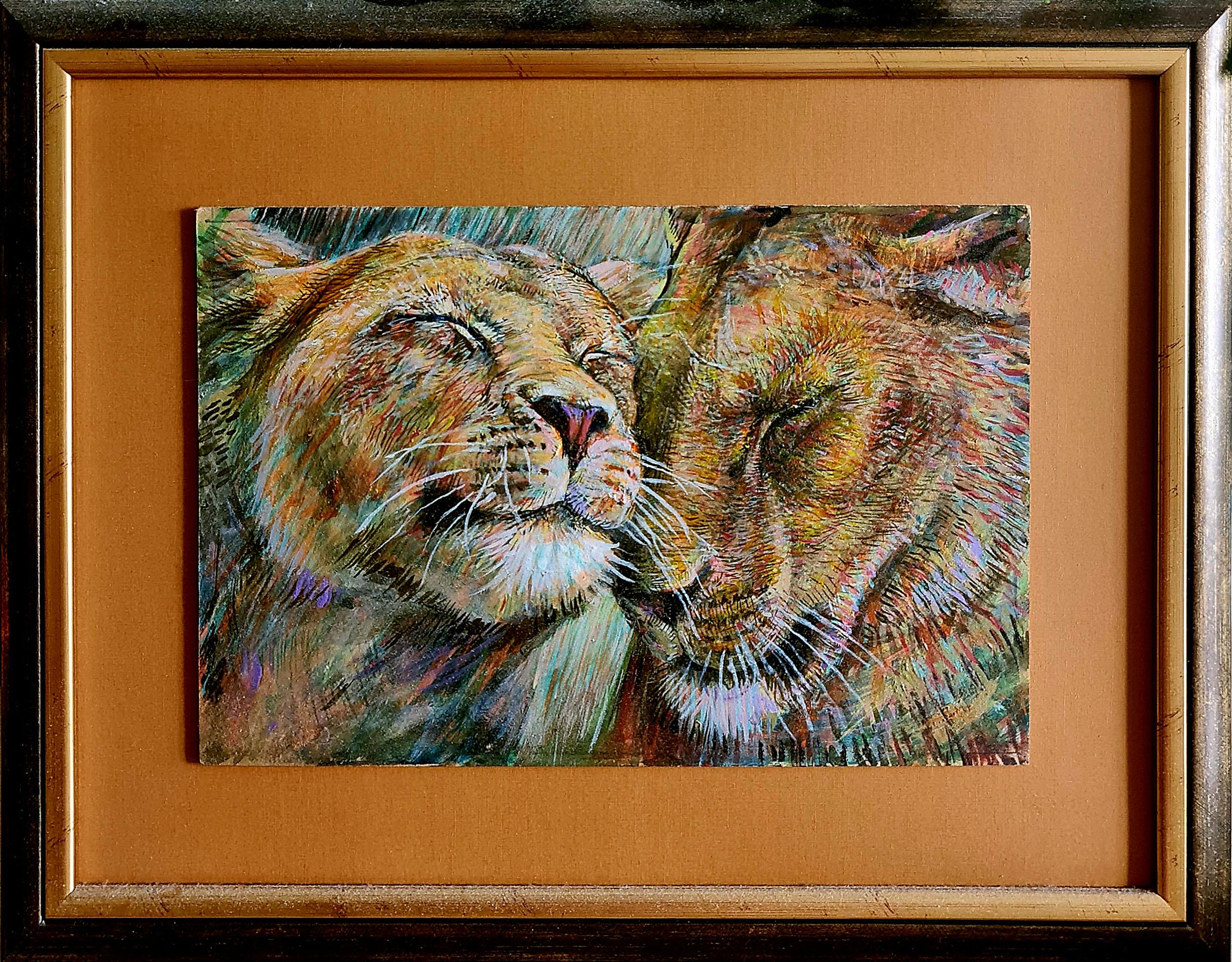 Lilya Volskaya Figurative Painting - Love and tenderness. Lions. Original painting Volskaya