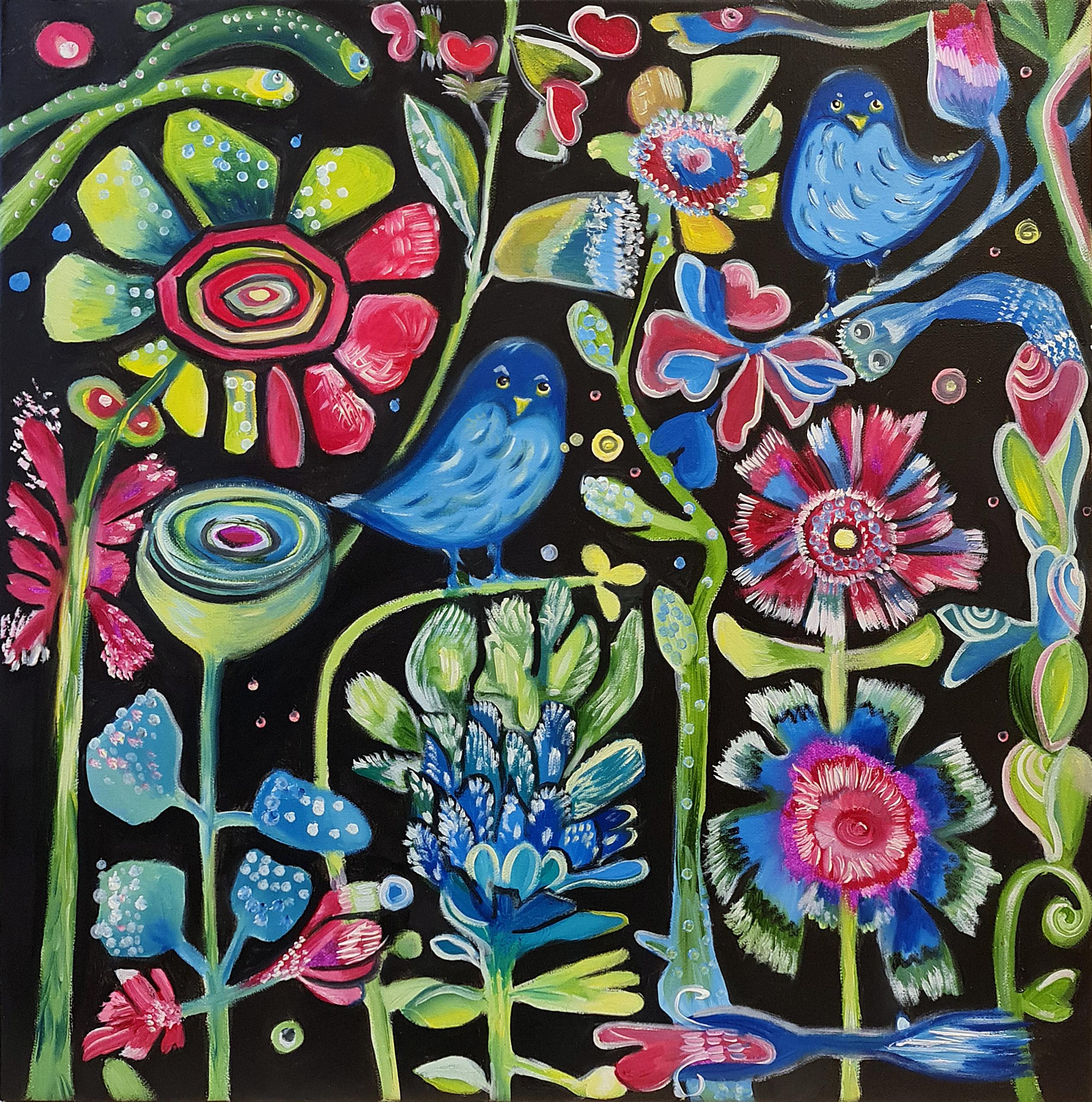 The paintings are drawn with oil on the canvas.
Midnight in the magic garden. Hurray! The series of paintings "My funny birds" continues. Bright contrasts. Fancy flowers. Each of them comes to life as soon as midnight strikes. And the main
