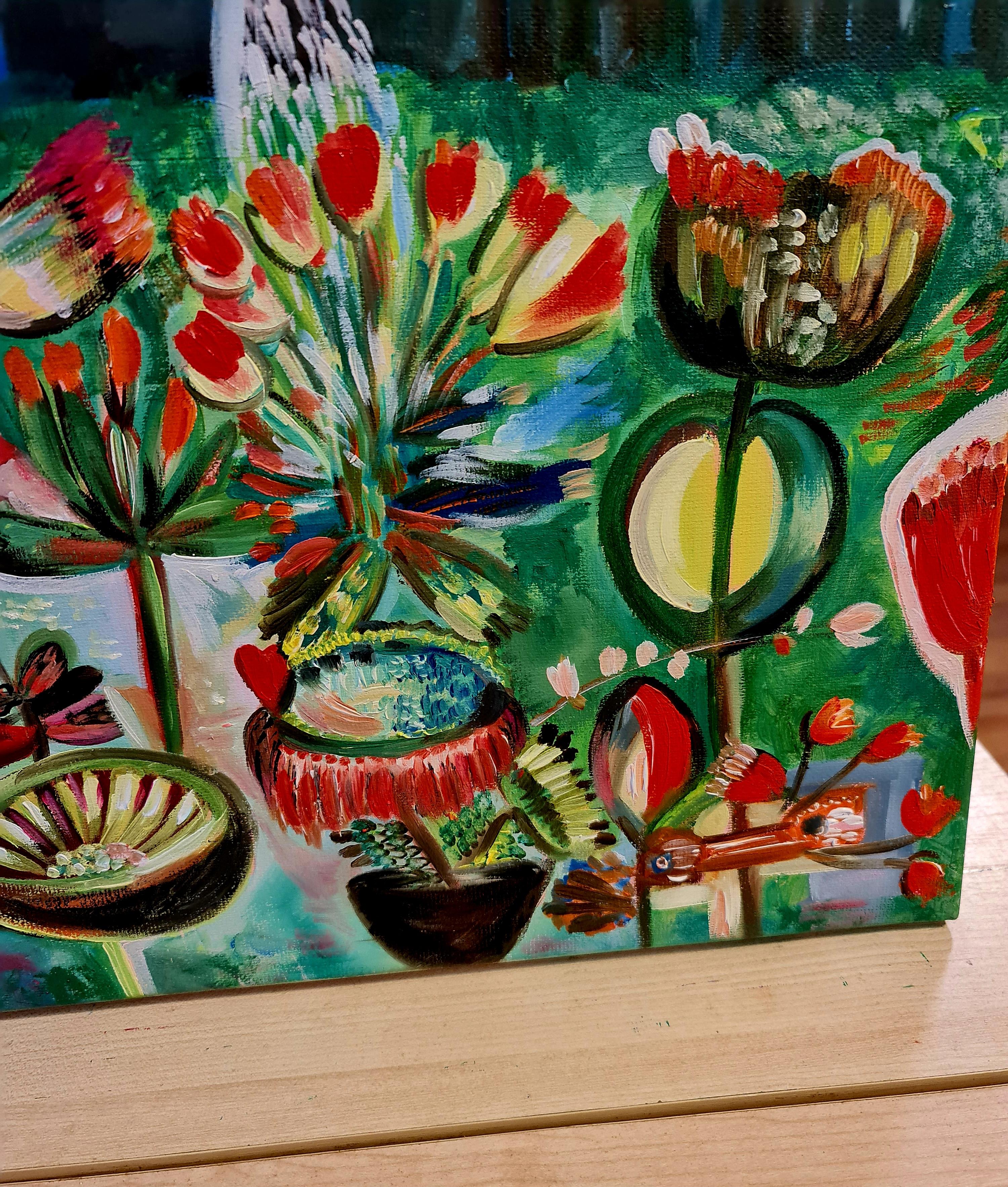 „Meine Vögel und der blühende Garten“ Landschaft  von Lilia Volskaya. (Pop-Art), Painting, von Lilya Volskaya