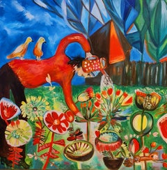 "My birds and the blooming garden" landscape  by Lilia Volskaya.