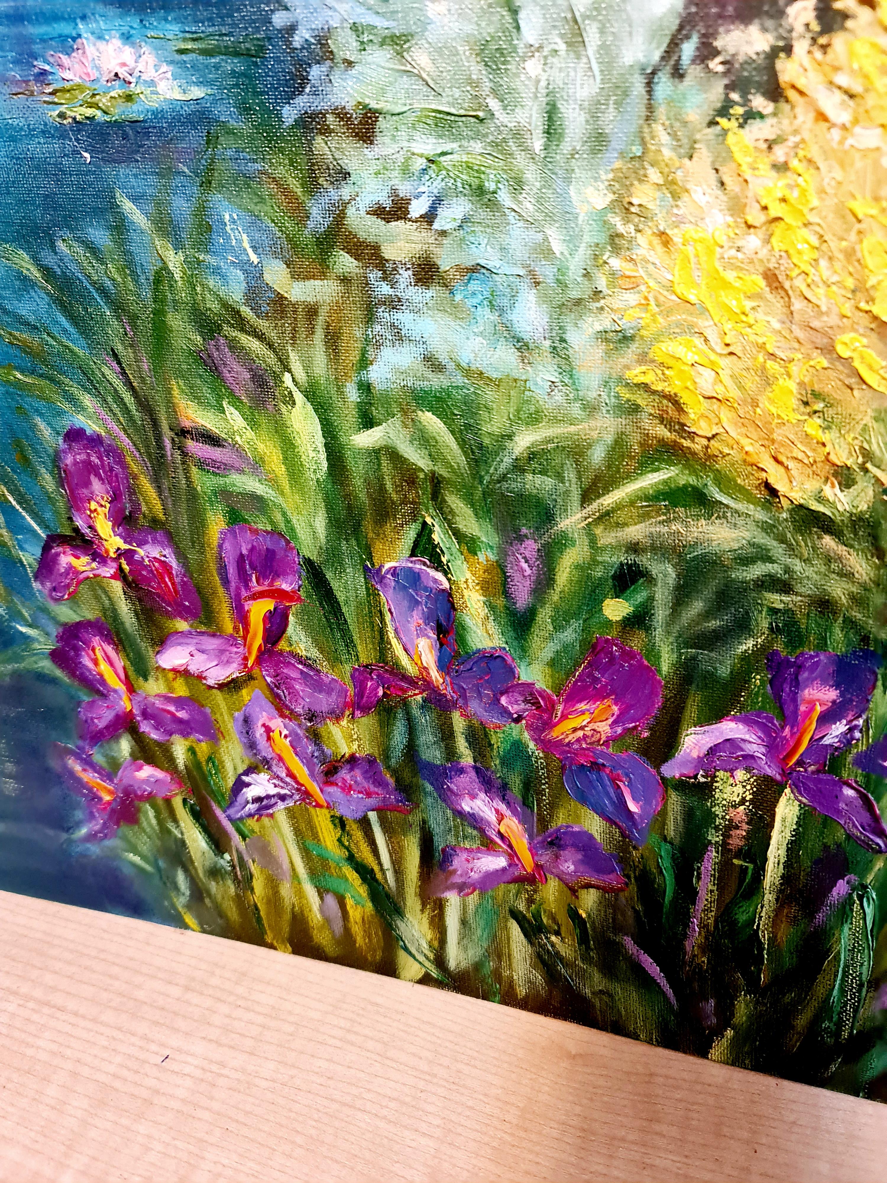 Paradise Pond. Un paesaggio a olio nello stile di Nayiv Volsky Lilya - Still-Life Painting Nero di Lilya Volskaya