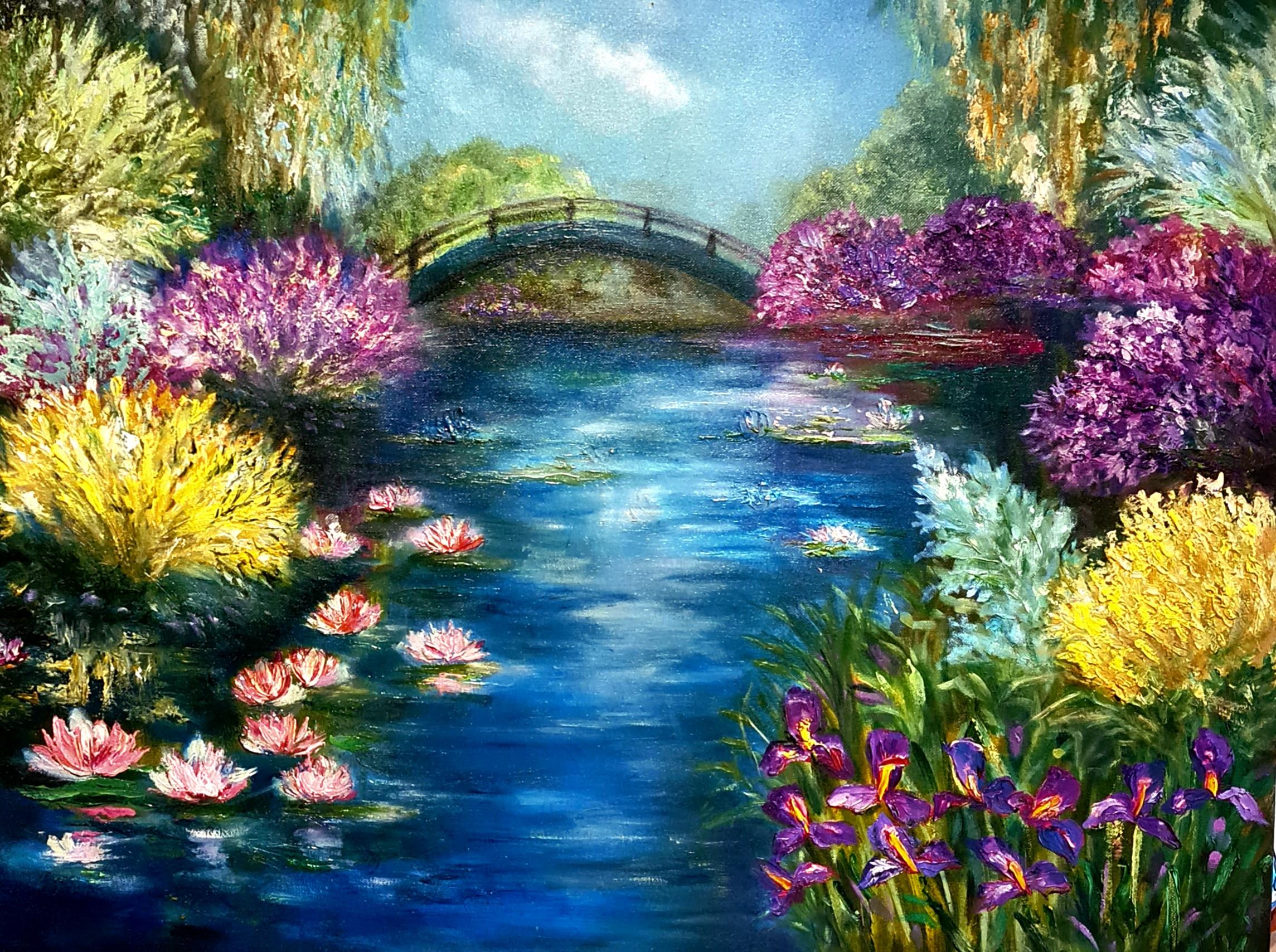 Paradiesischer Teich. Eine Öllandschaft im Stil des Nayiv Volsky Lilya