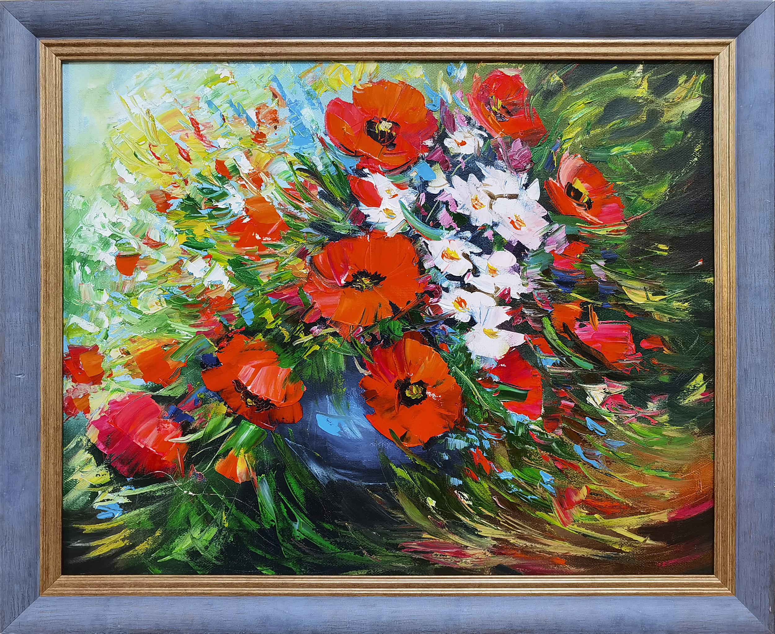 The paintings are drawn with oil on the canvas

Original Volskaya Lilya painting "Bouquet of Poppies" features blue cornflowers, white daisies, and red poppies arranged in a stunning bouquet.
The highest possible energy in the image. Happiness,