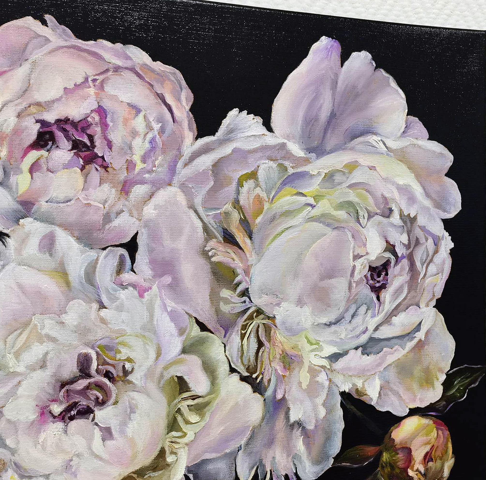 Purple lace of white peonies