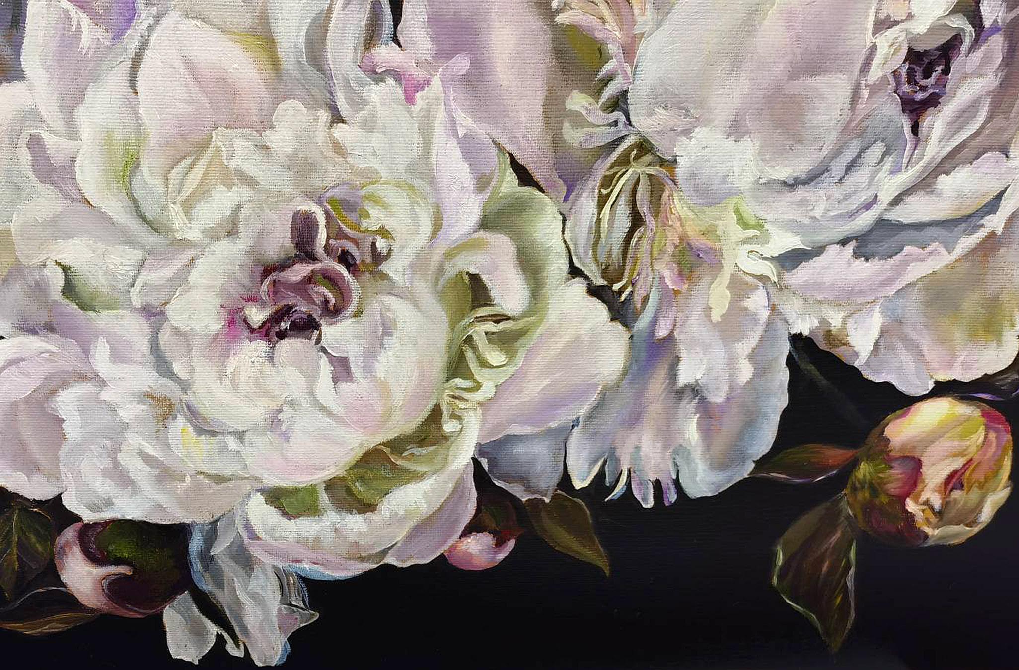 Purple lace of white peonies