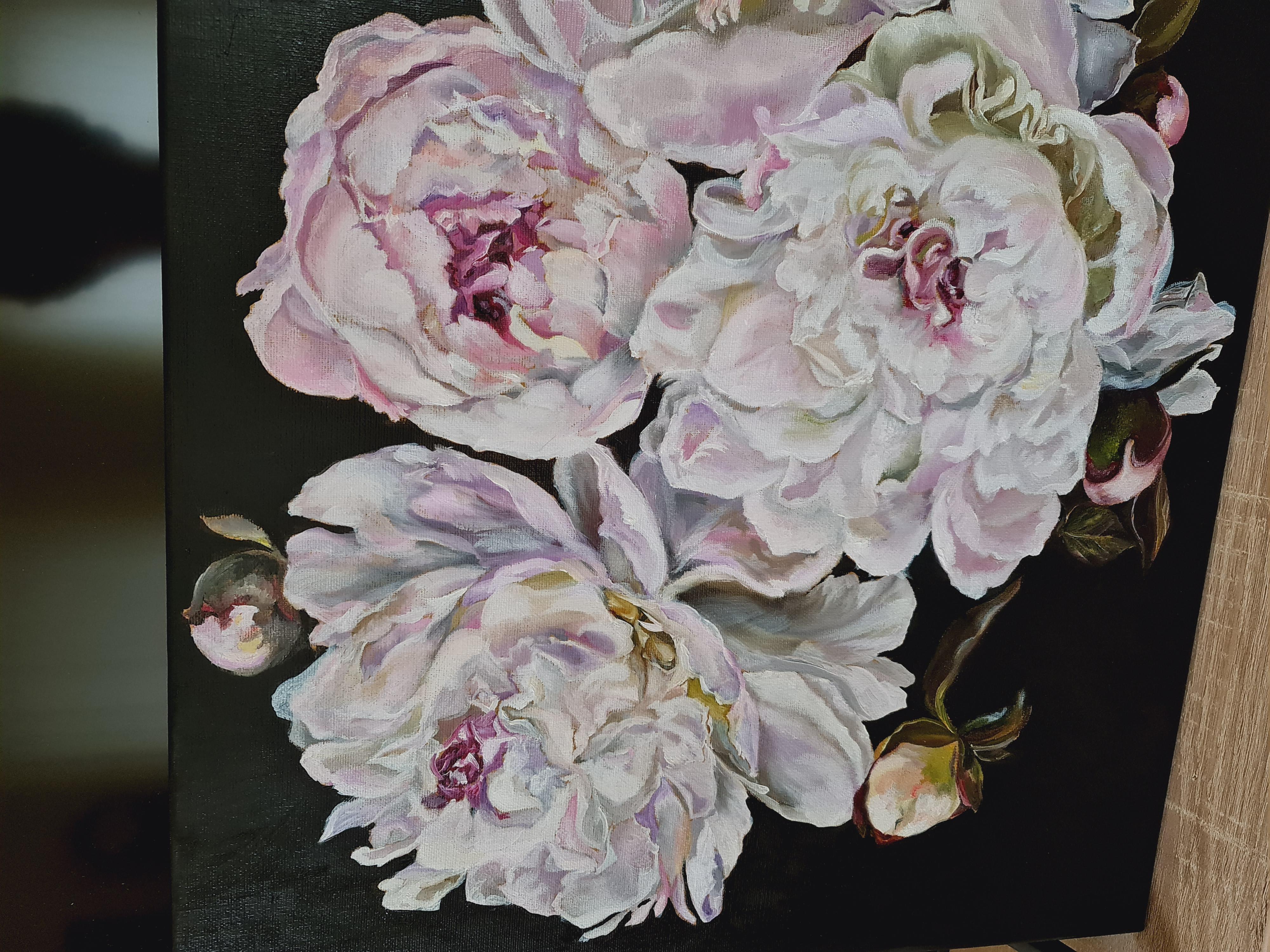 Purple lace of white peonies