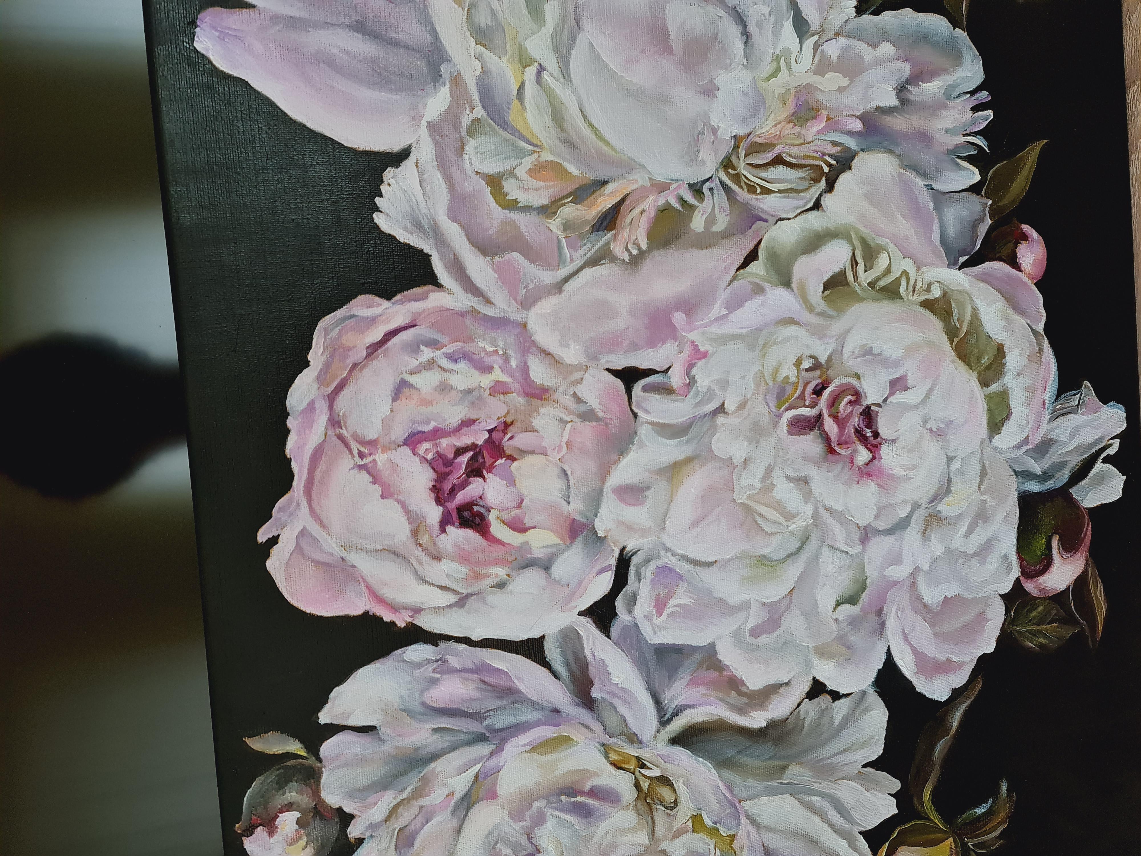Purple lace of white peonies
