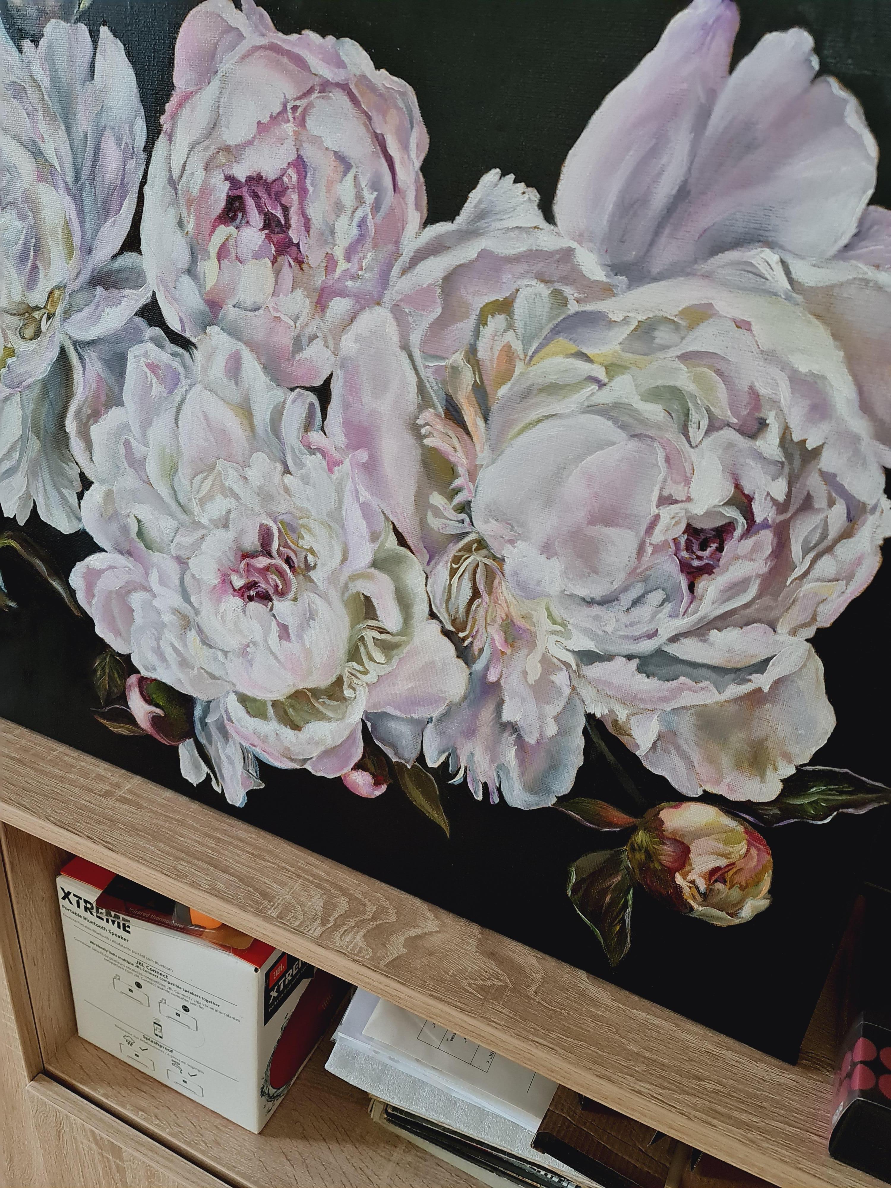 Purple lace of white peonies