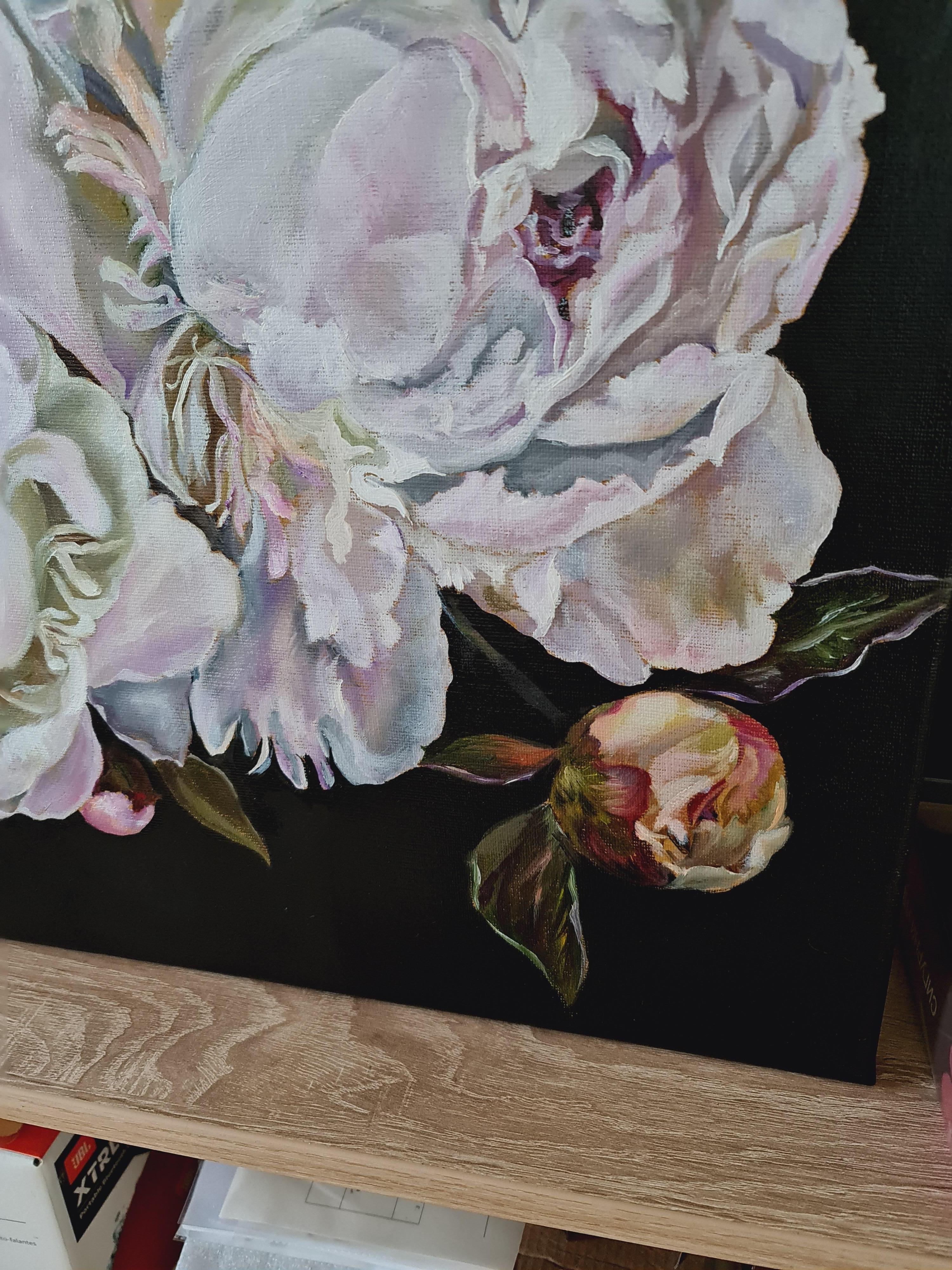 Purple lace of white peonies