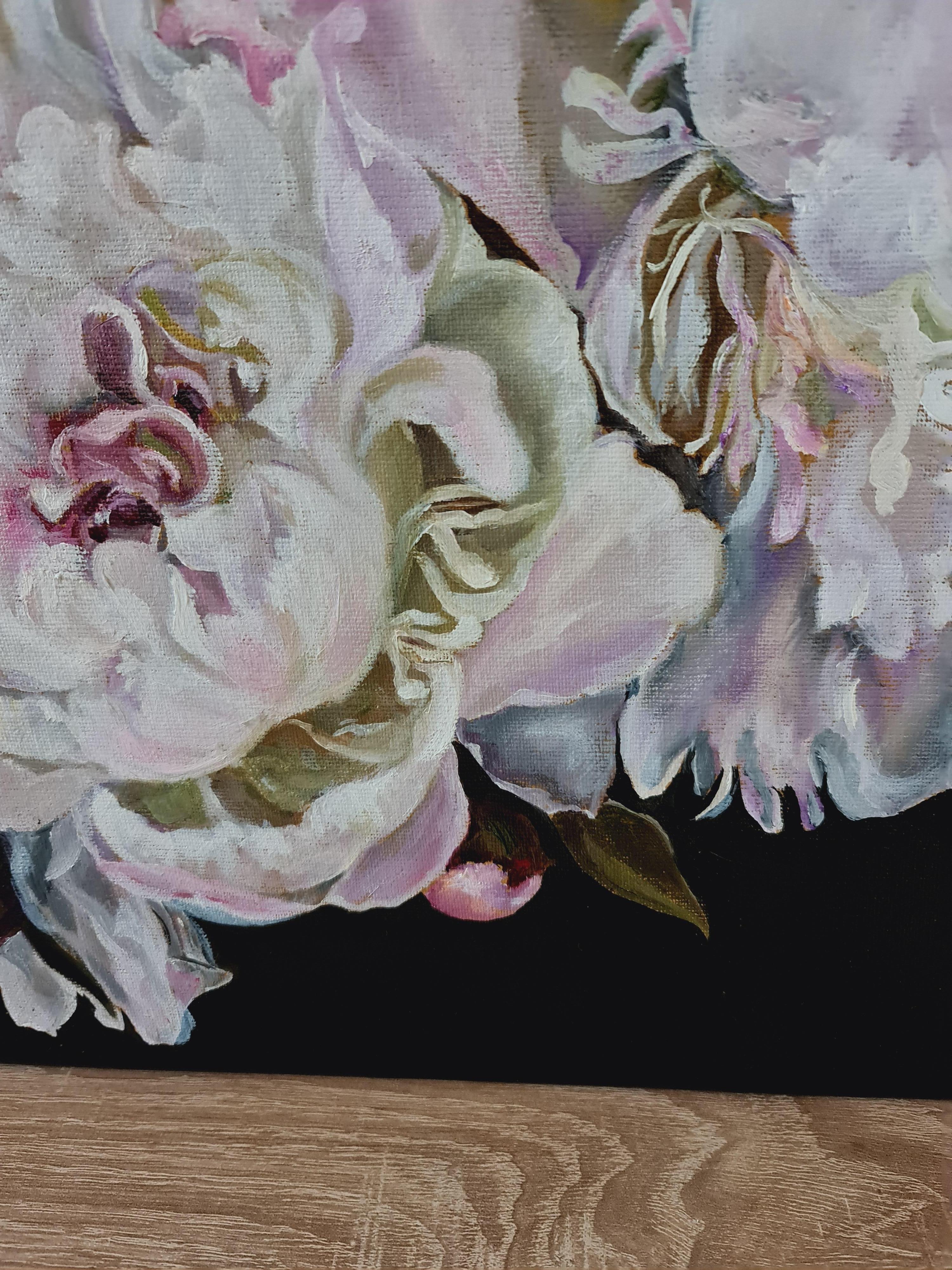 Purple lace of white peonies