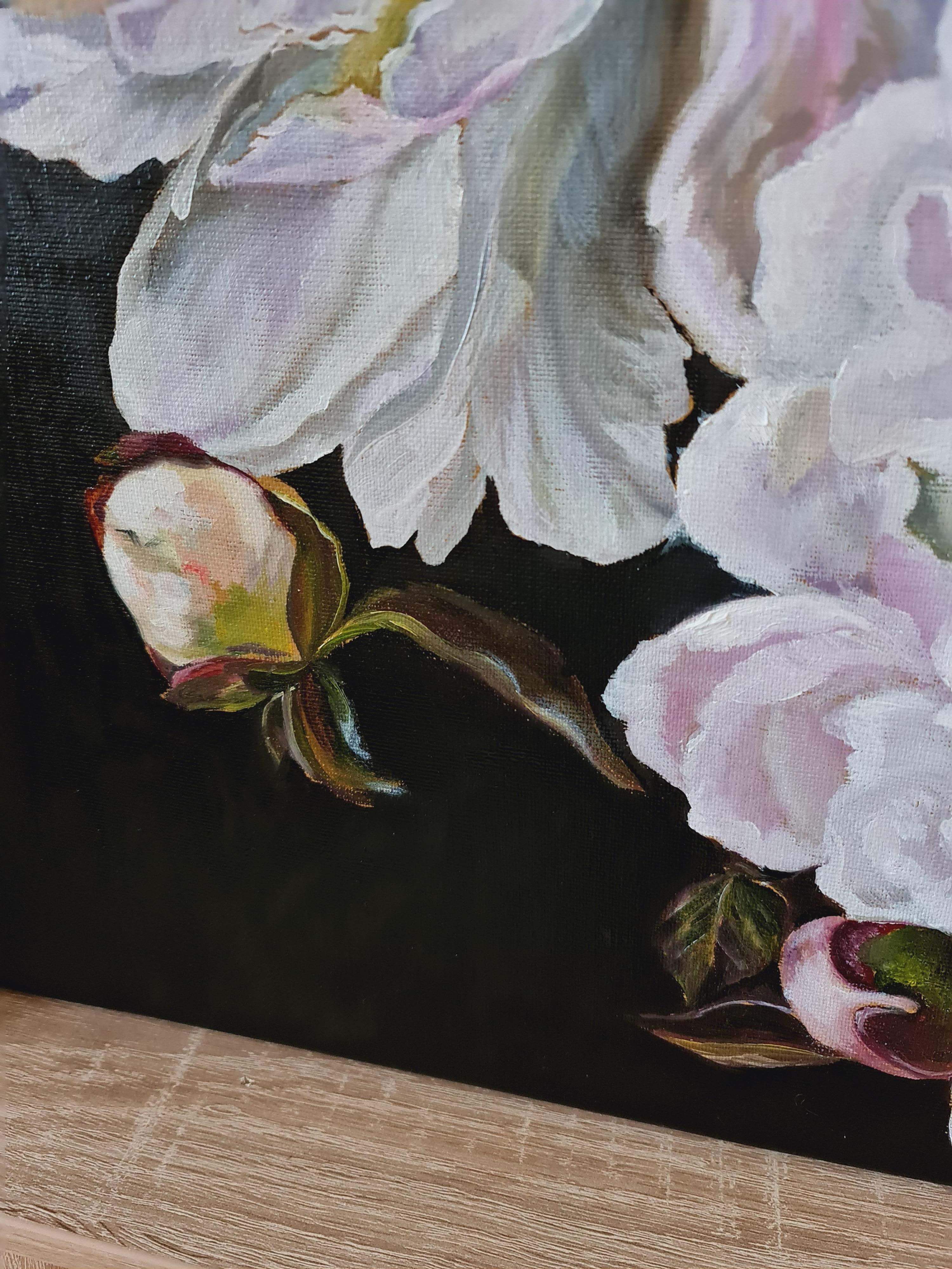 Purple lace of white peonies