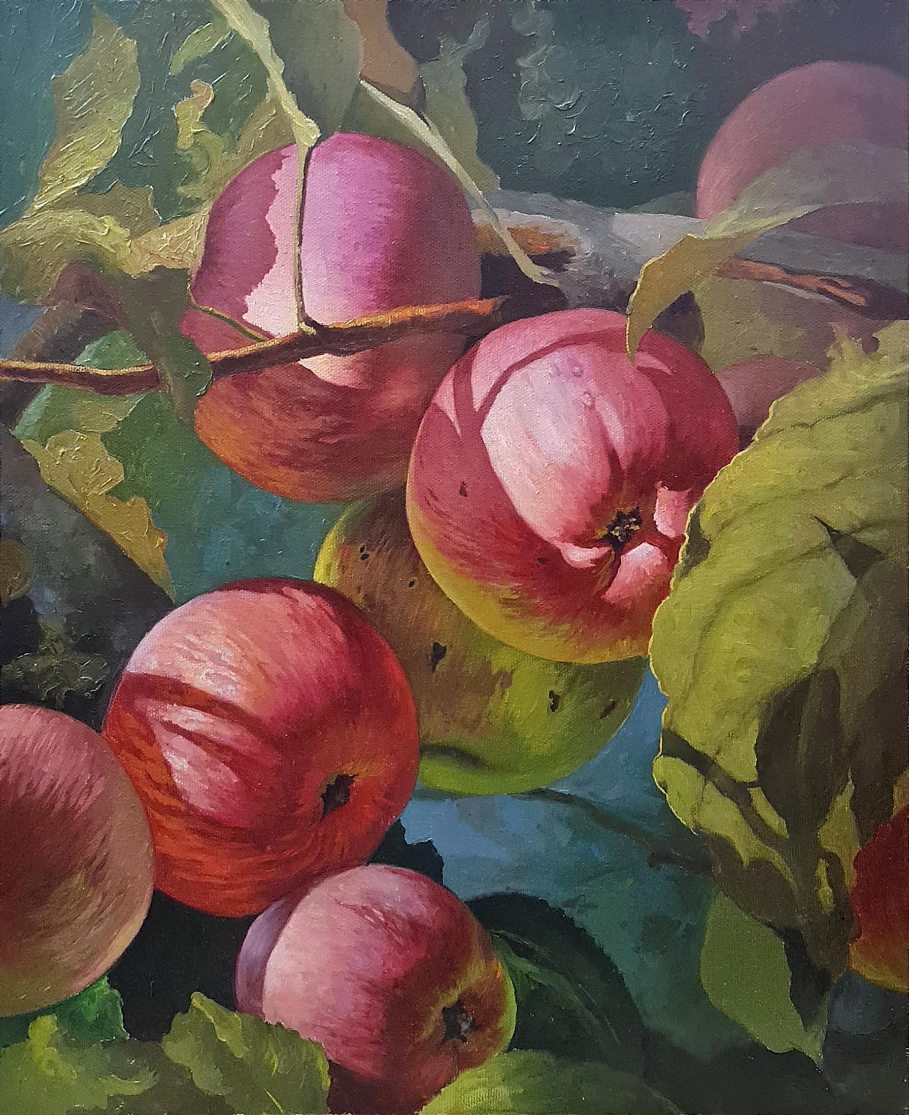 The paintings are drawn with oil on the canvas.
The beautiful, inspiring summer landscape with apples sets you up for 100% positive and a burst of energy. This is a real vitamin boost. I want to bite an apple; they painted so realistically. 

The