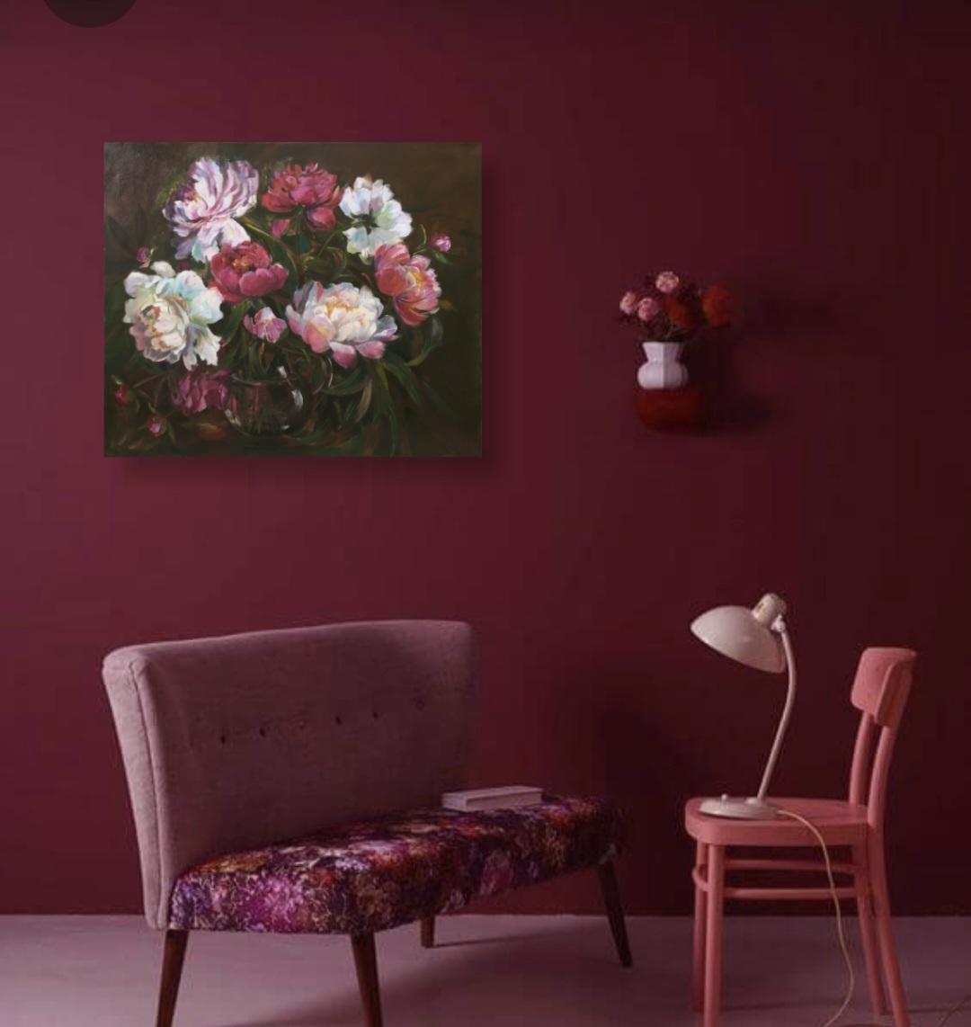 Red and white peonies in the style of Dutch masters - Painting by Lilya Volskaya