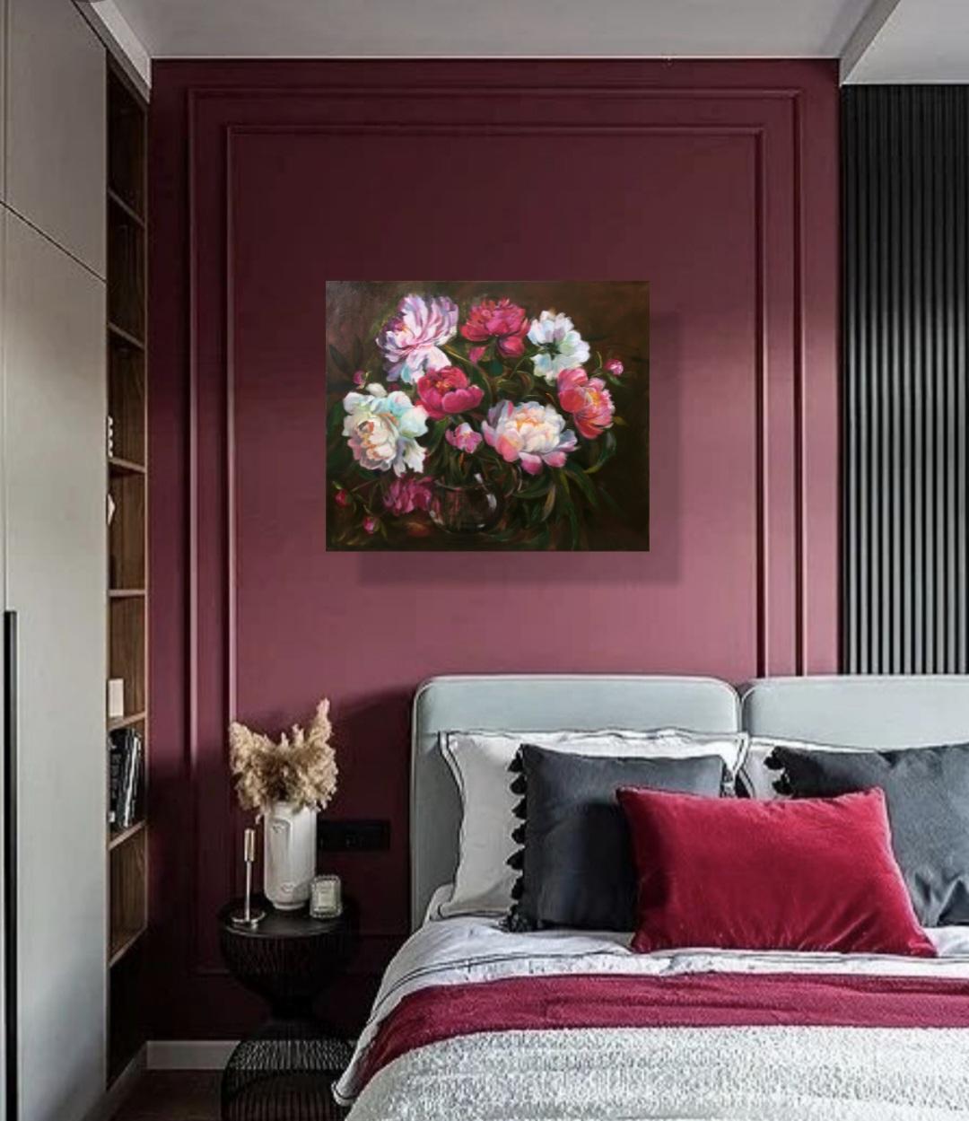 Red and white peonies in the style of Dutch masters - Realist Painting by Lilya Volskaya