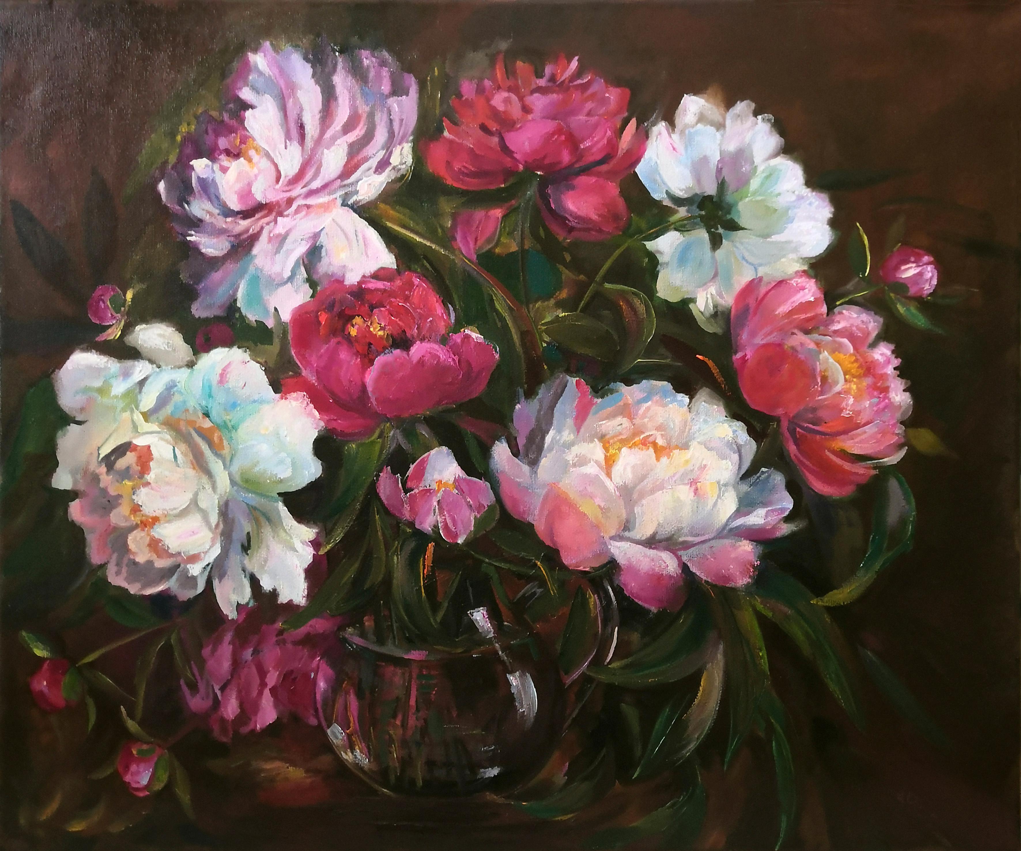 Lilya Volskaya Still-Life Painting - Red and white peonies in the style of Dutch masters