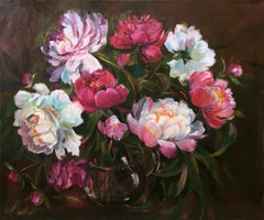 Antique Red and white peonies in the style of Dutch masters