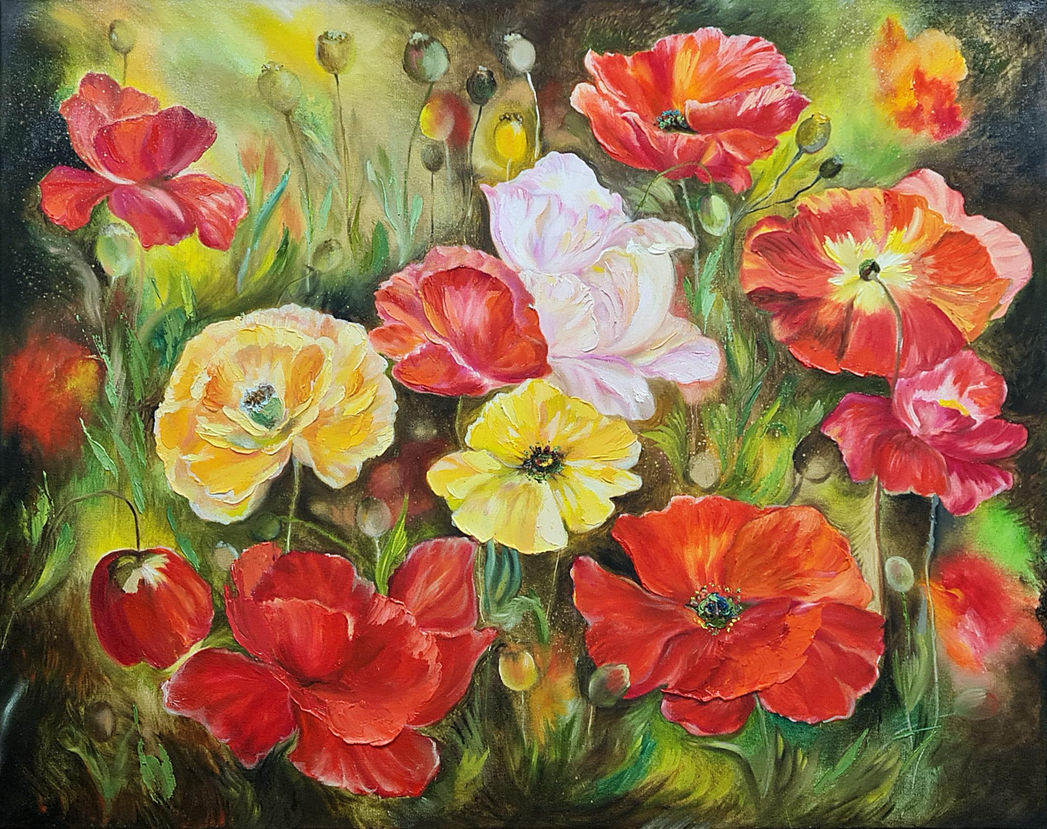 "Red poppies in fifty hues." XXL Original Oil Painting by Lilya Volskaya