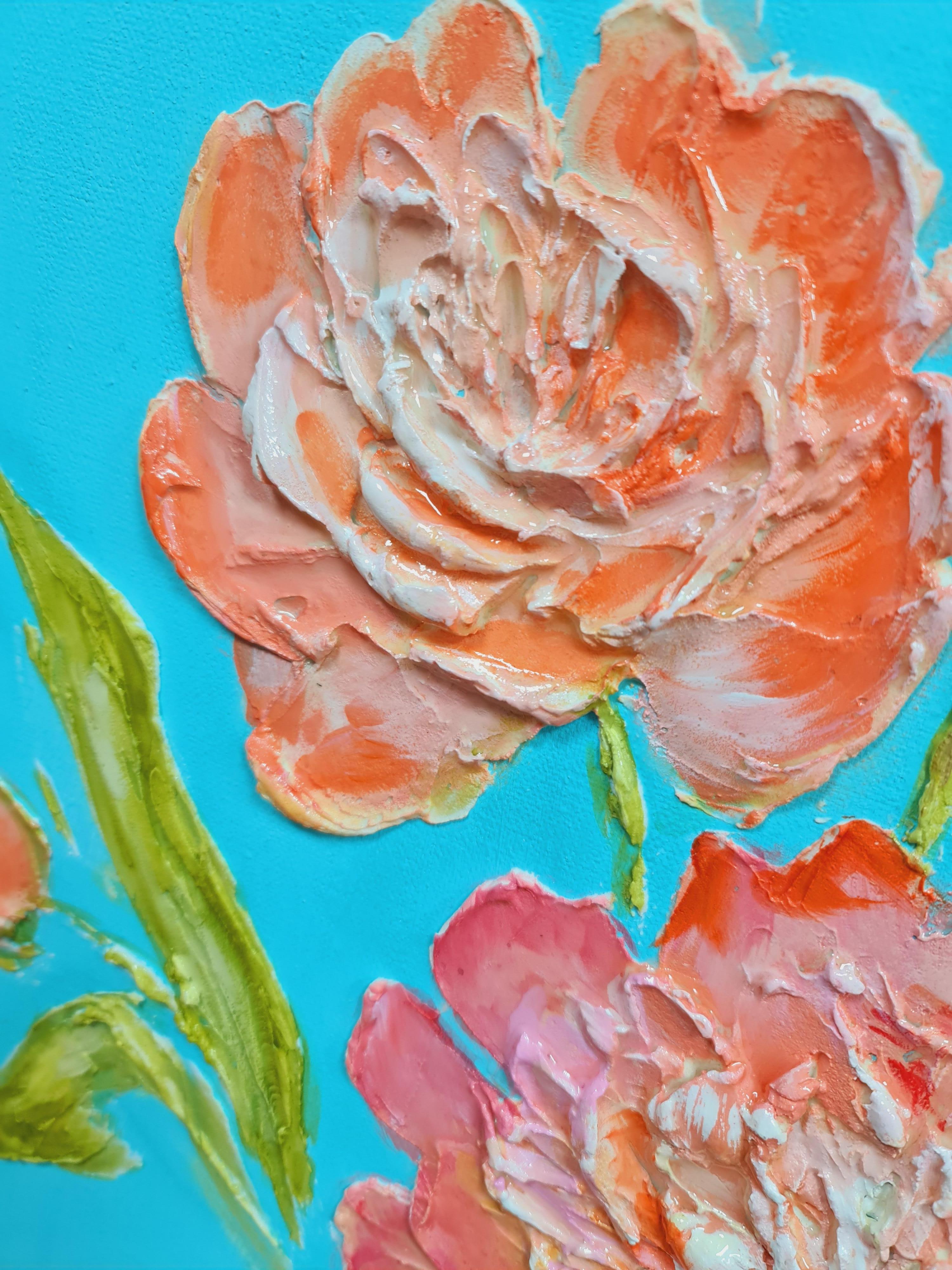 

Rosy peonies on a mint background. Faith, hope, love