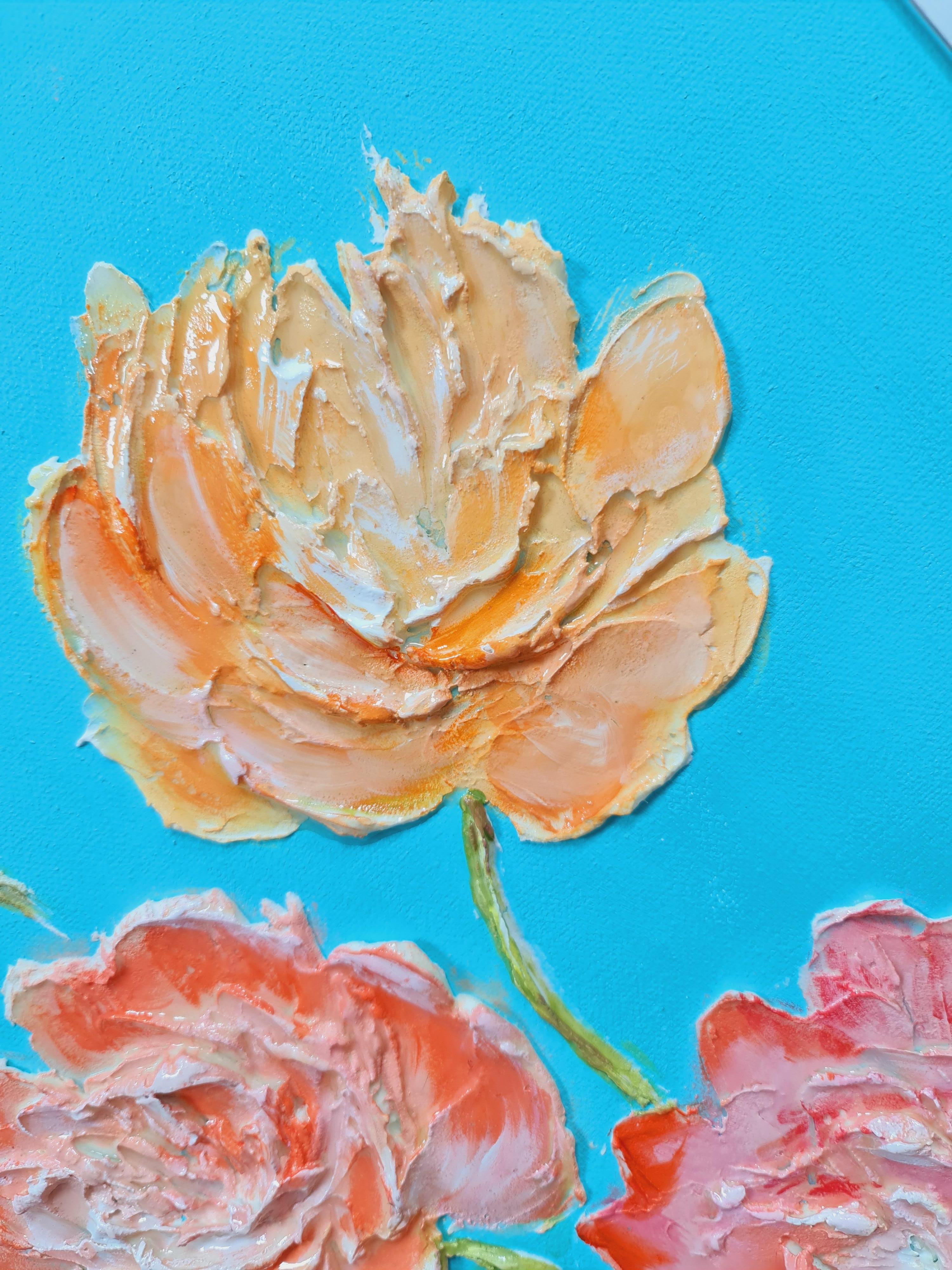 Rosy peonies on a mint background. Faith, hope, love
