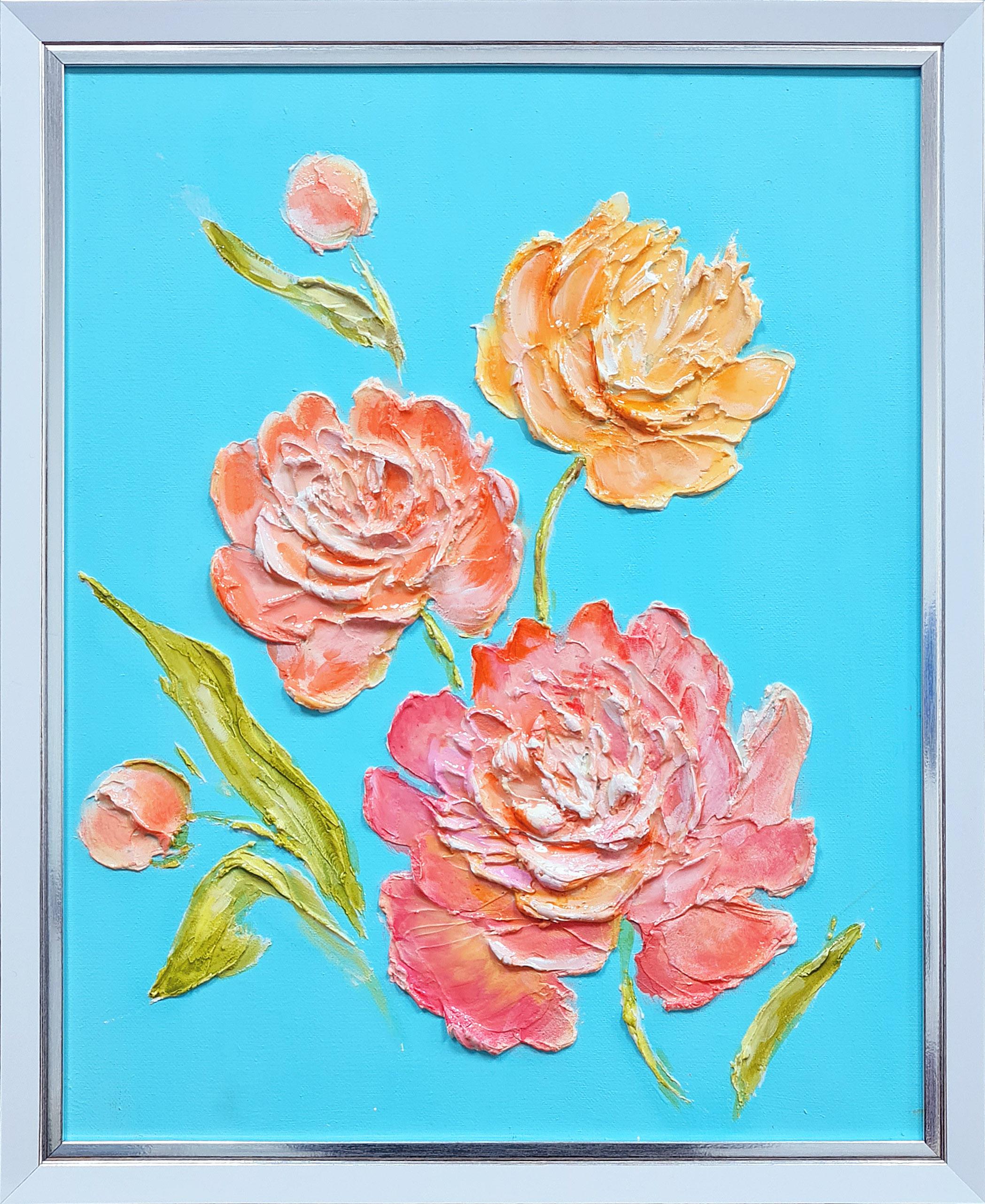 Rosy peonies on a mint background. Faith, hope, love" is an original interior te