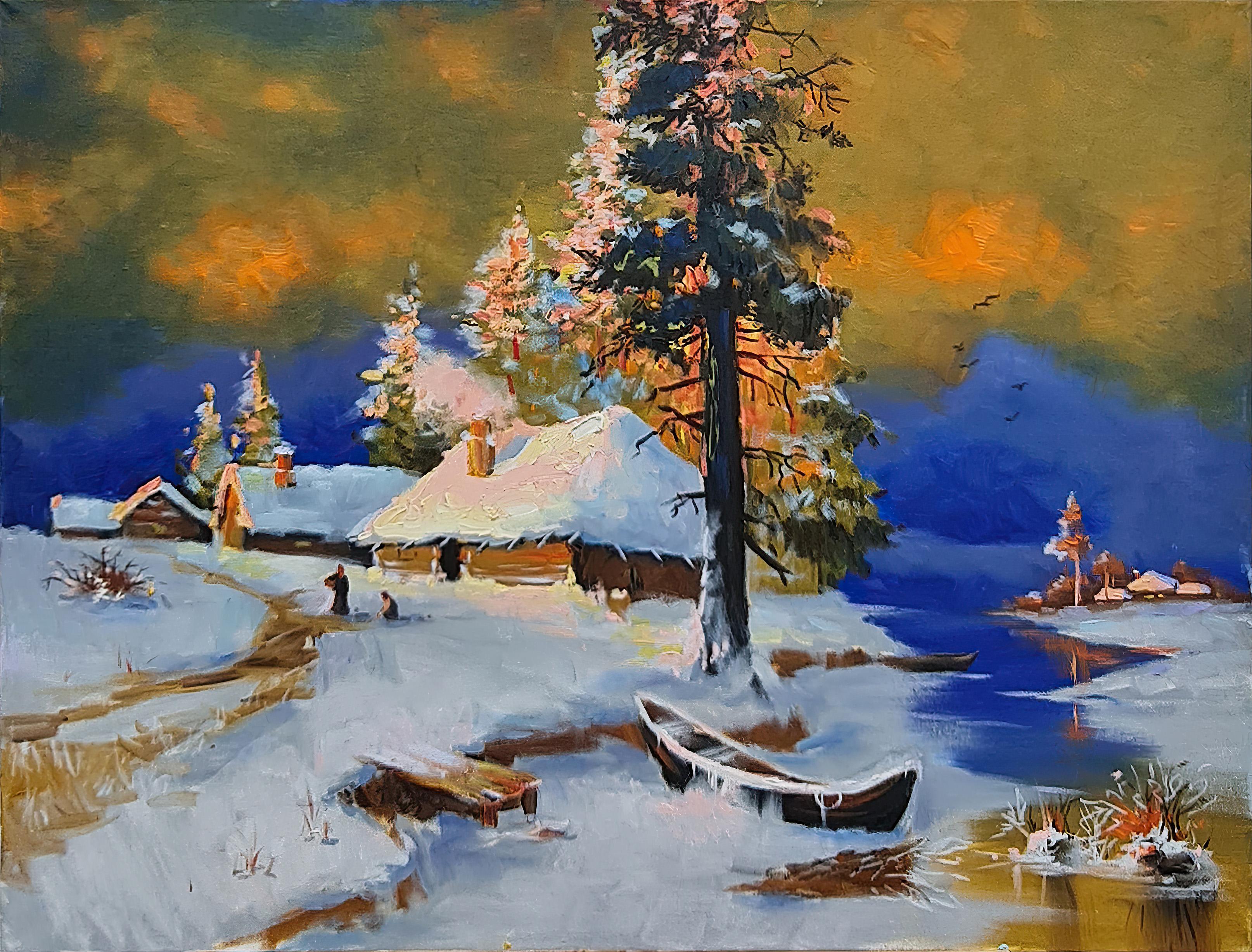 Lilya Volskaya Still-Life Painting – „Russisches Dorf“ Original-Ölgemälde von Liliya Volskaya