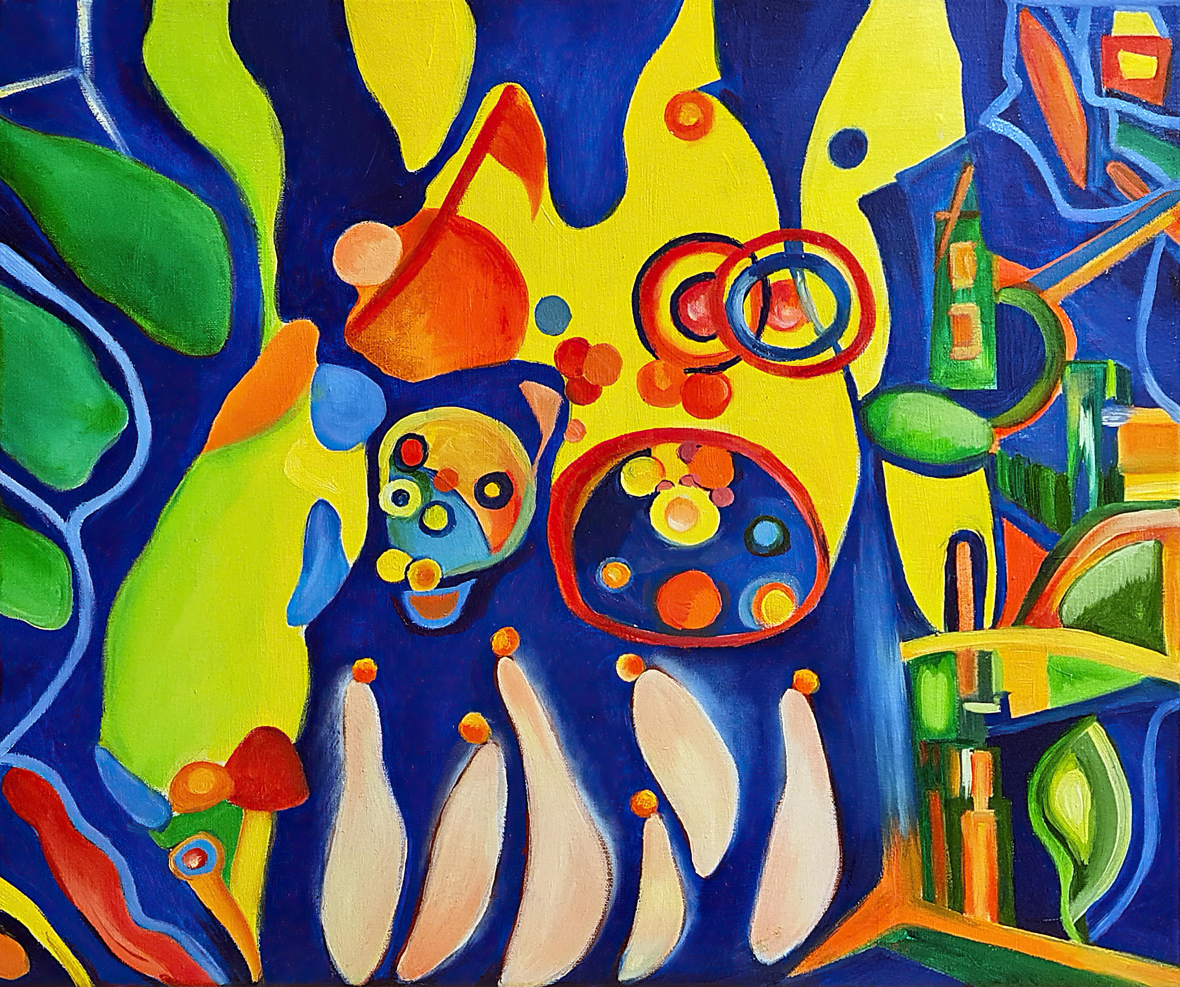 The paintings are drawn with oil on the canvas.
 A vivid, unique abstraction. Several interpretations. Three main people, each with a distinct situation in life. The hues orange, red, blue, and yellow go well together.