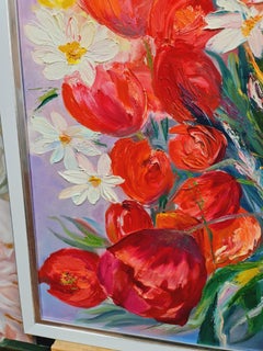 Spring Tulips and daffodils" floral still life in oil of Volskay Lily.