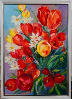 Spring Tulips and daffodils" floral still life in oil of Volskay Lily.