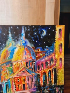 Stars, moon and night city" oil landscape on canvas by Lilia Volskaya.