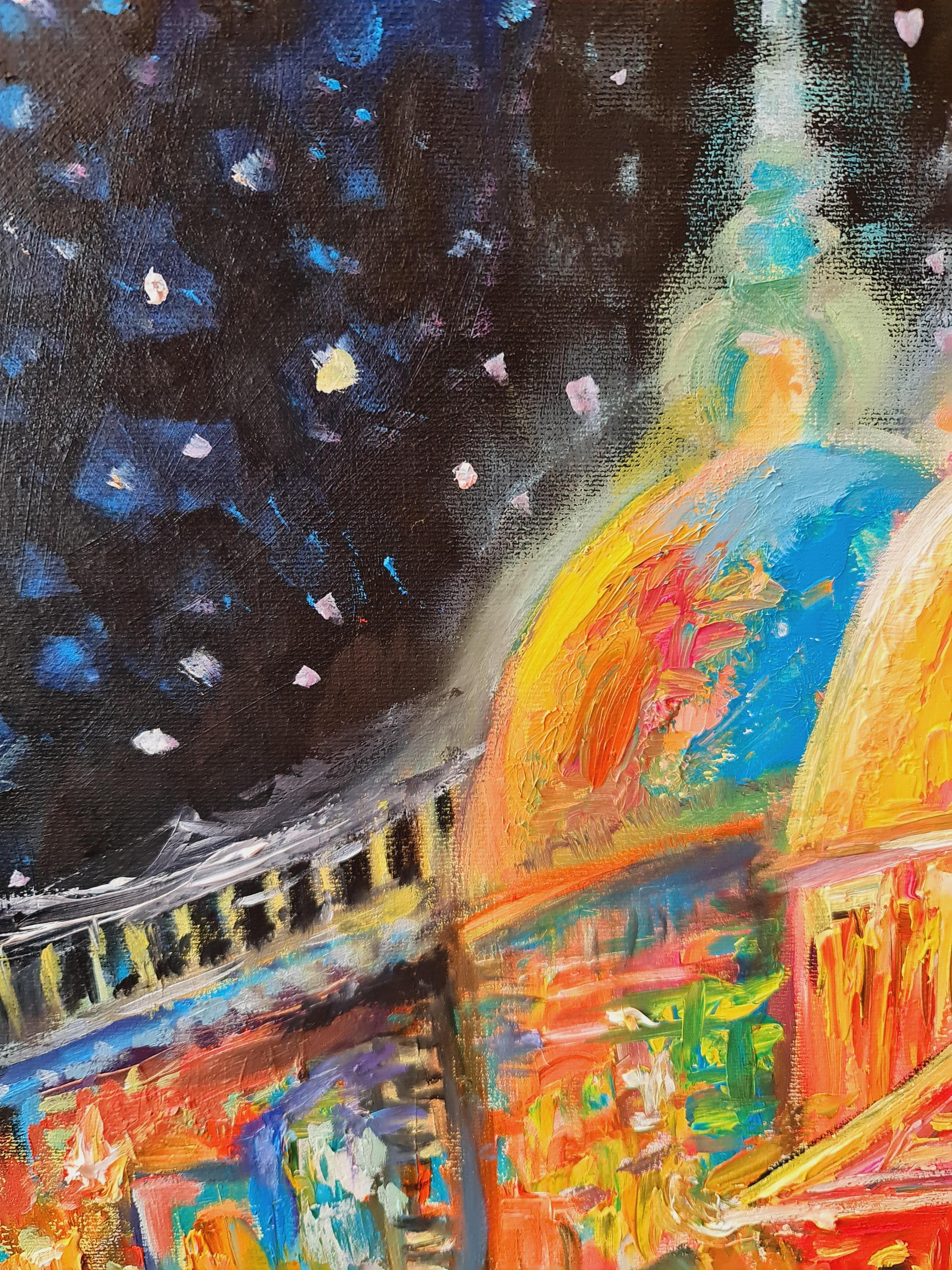 Stelle, luna e città notturna
