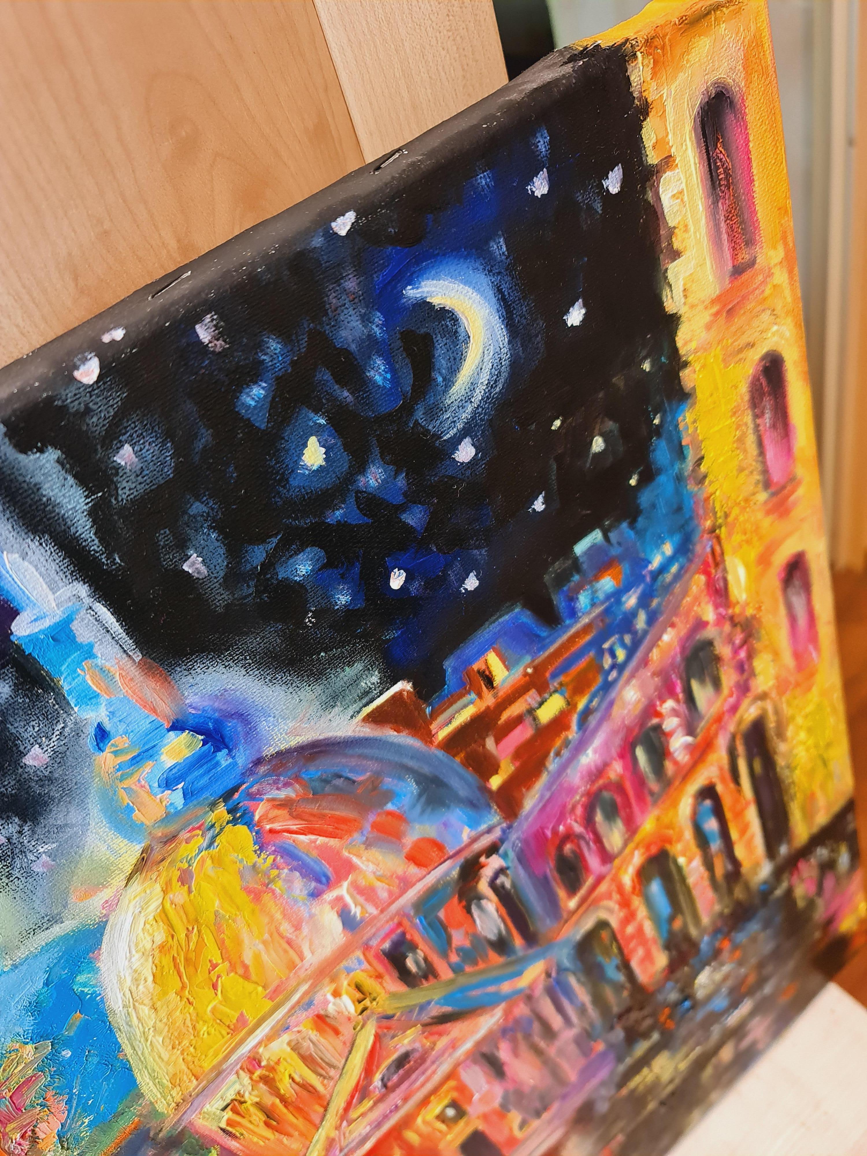 Stelle, luna e città notturna