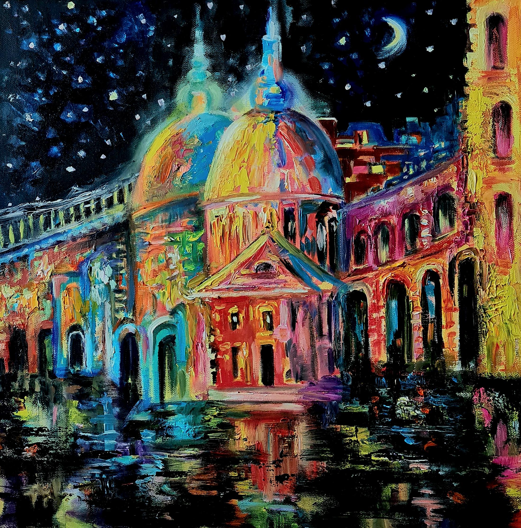 Stars, moon and night city" Öllandschaft auf Leinwand von Lilia Volskaya.