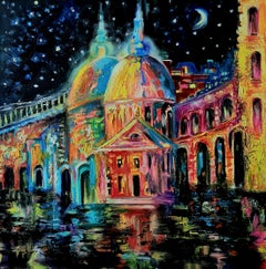 Stelle, luna e città notturna" paesaggio a olio su tela di Lilia Volskaya.