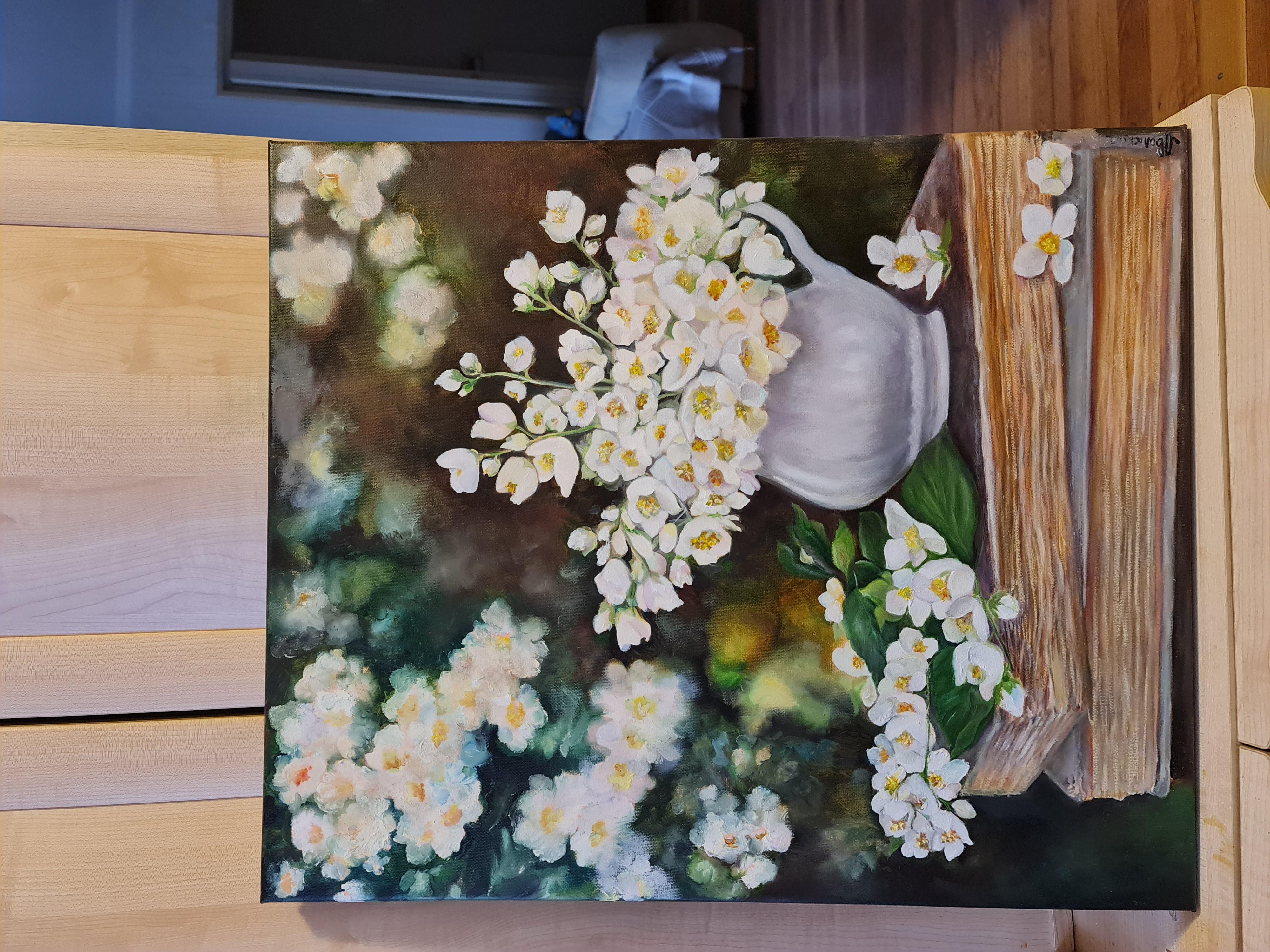 Bodegón con flores de jazmín. óleo de Liliya Volskay - Still-Life Painting Marrón de Lilya Volskaya