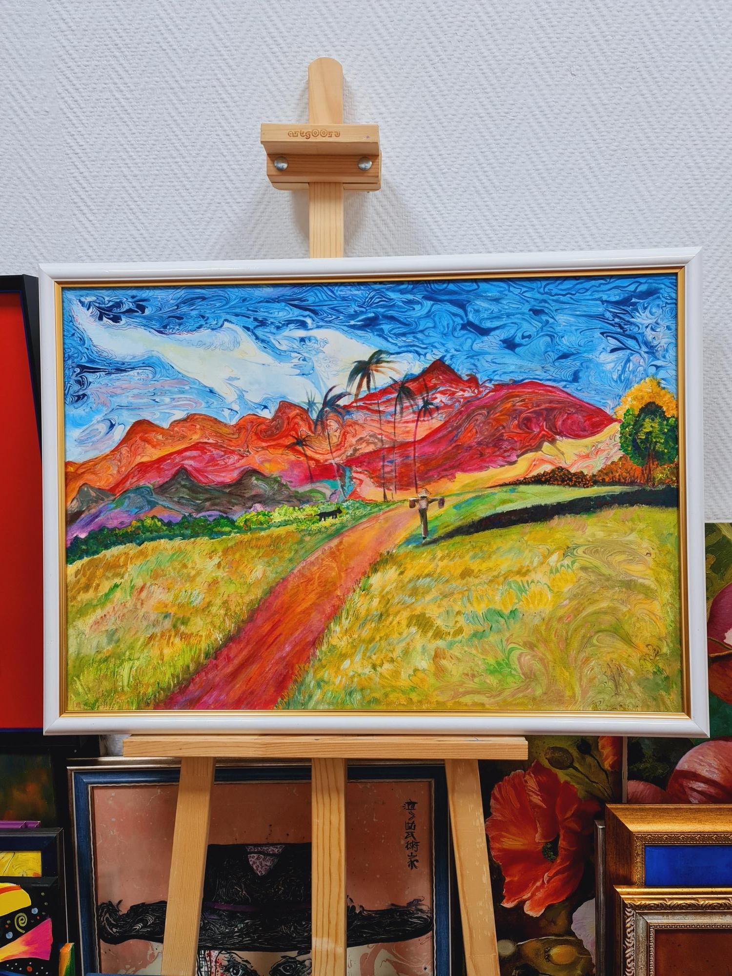 The landscape.Red mountains in the style of Paul Gauguin