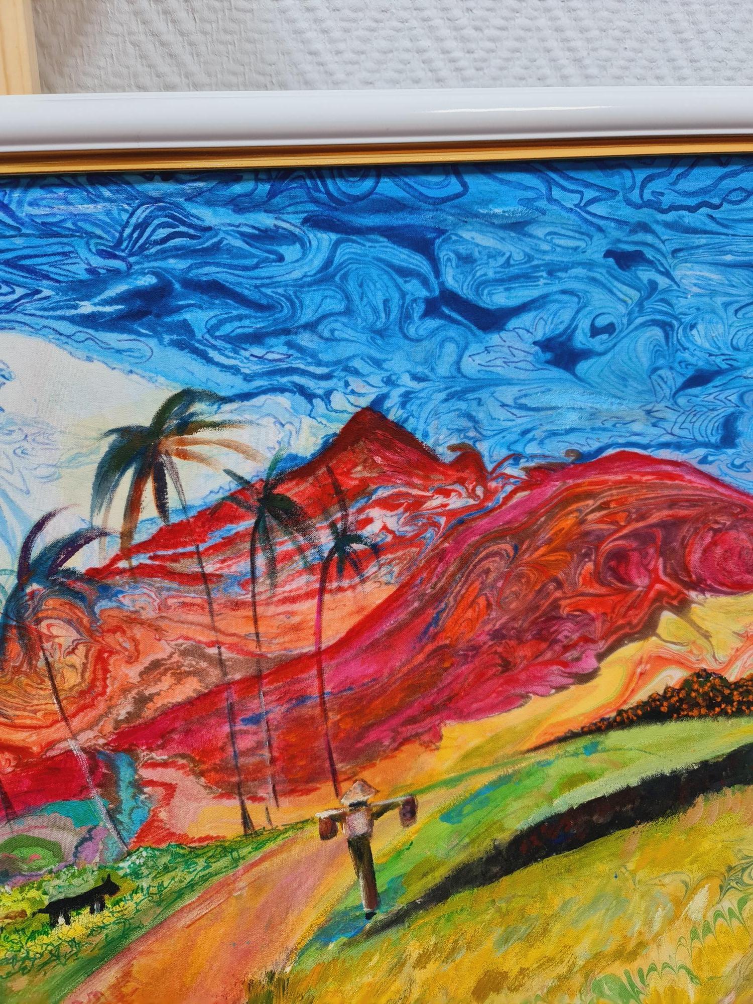 The landscape.Red mountains in the style of Paul Gauguin