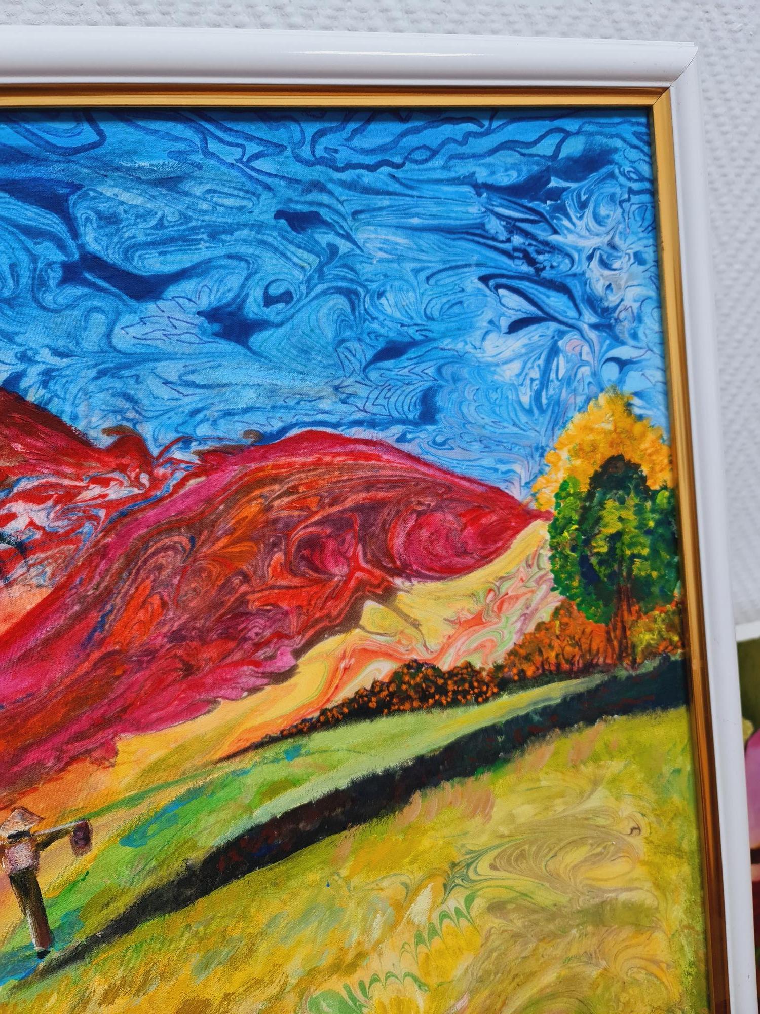 The landscape.Red mountains in the style of Paul Gauguin