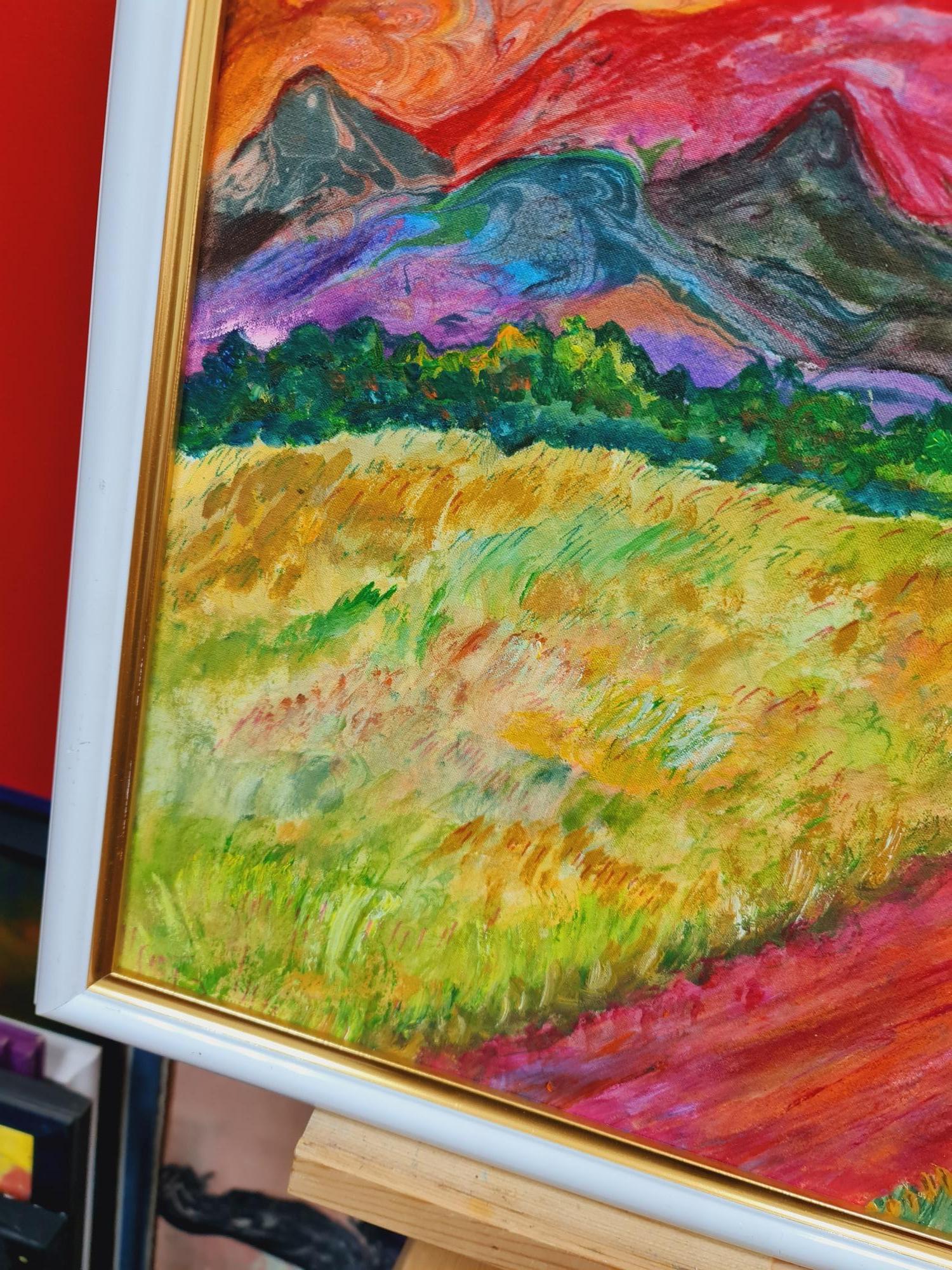 The landscape.Red mountains in the style of Paul Gauguin