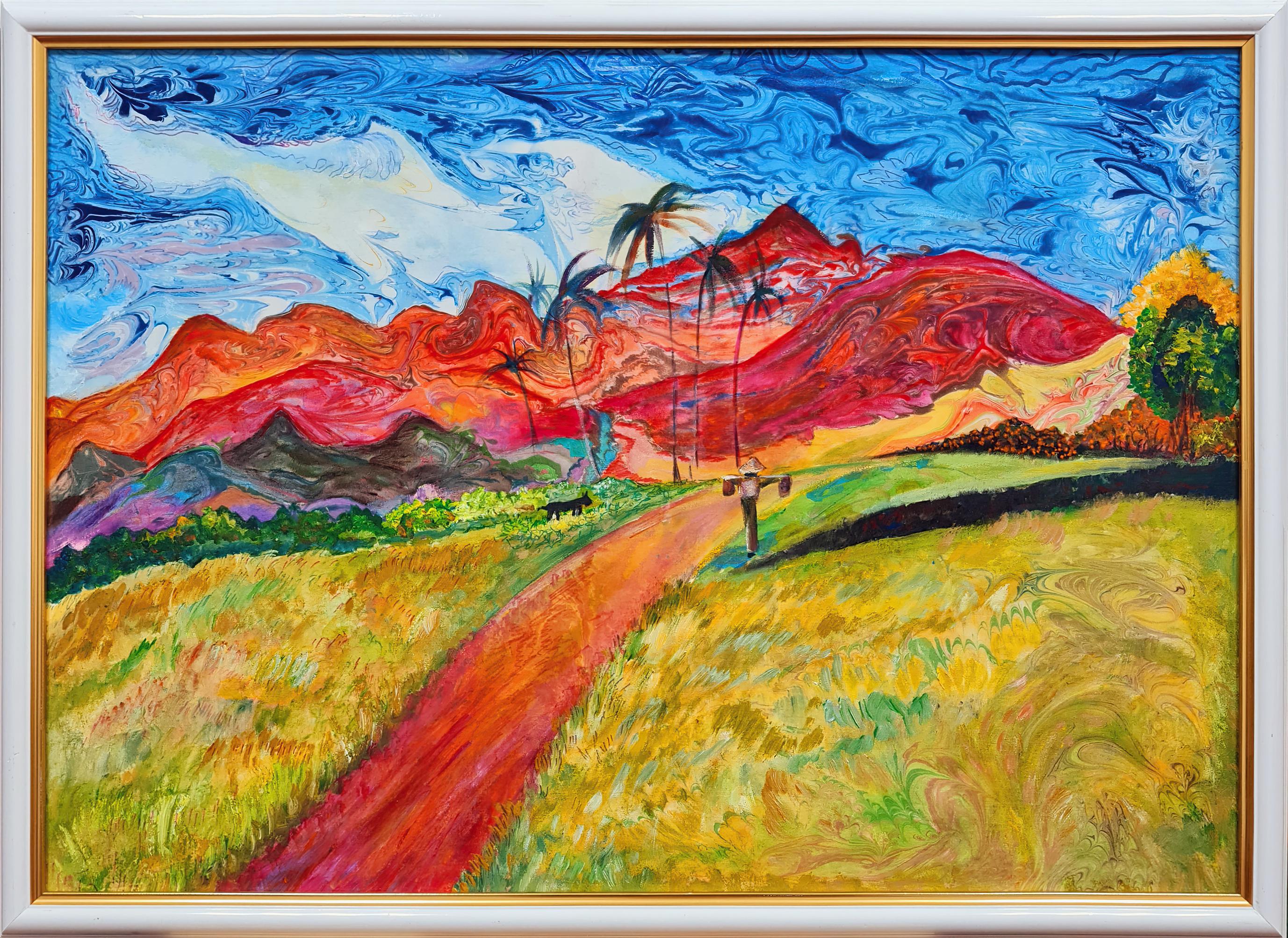 Lilya Volskaya Still-Life Painting - The landscape.Red mountains in the style of Paul Gauguin" original painting by L