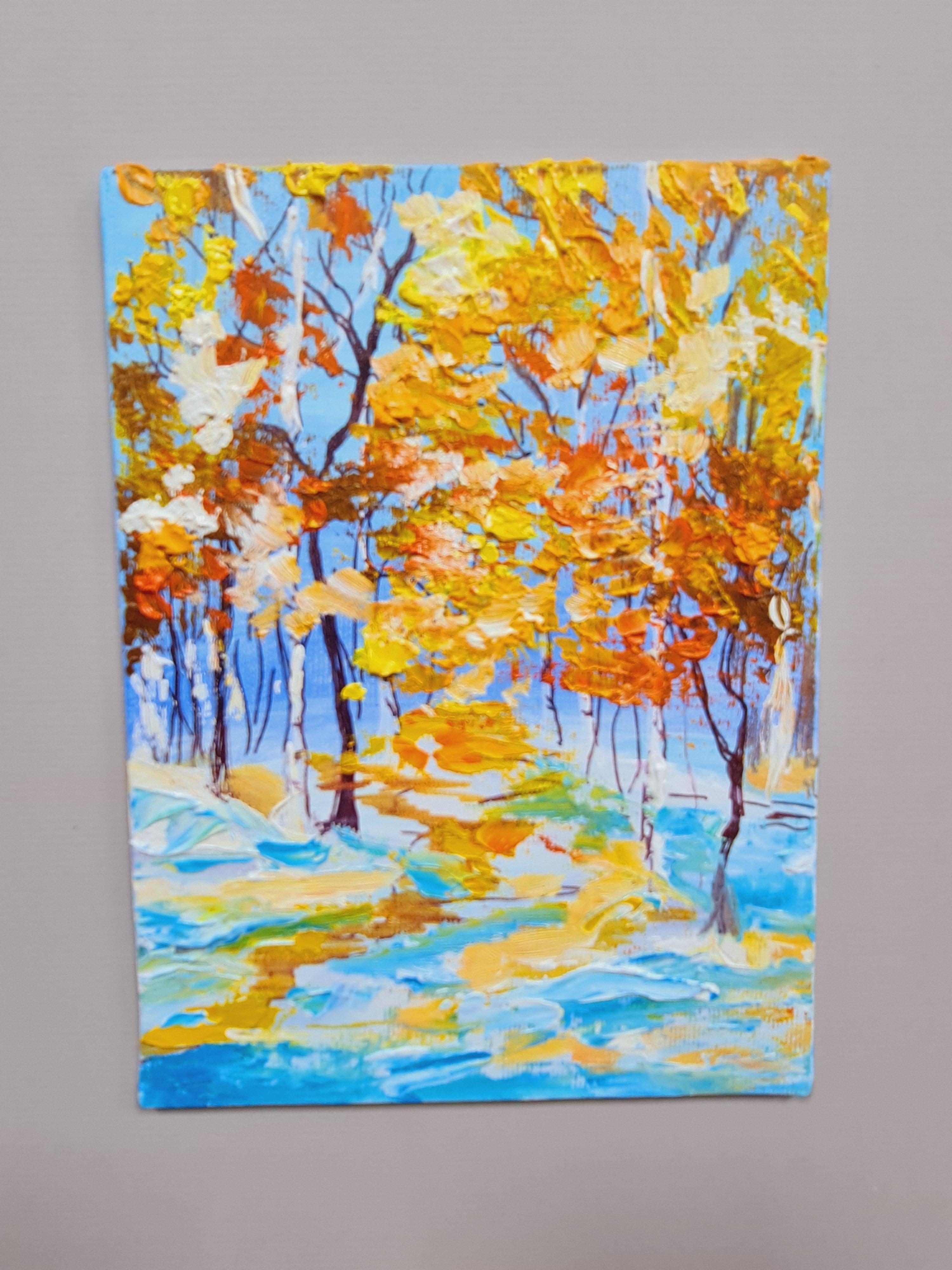 The triptych is Autumn. Landscape in oil . Volskaya Lilia - Beige Landscape Painting by Lilya Volskaya