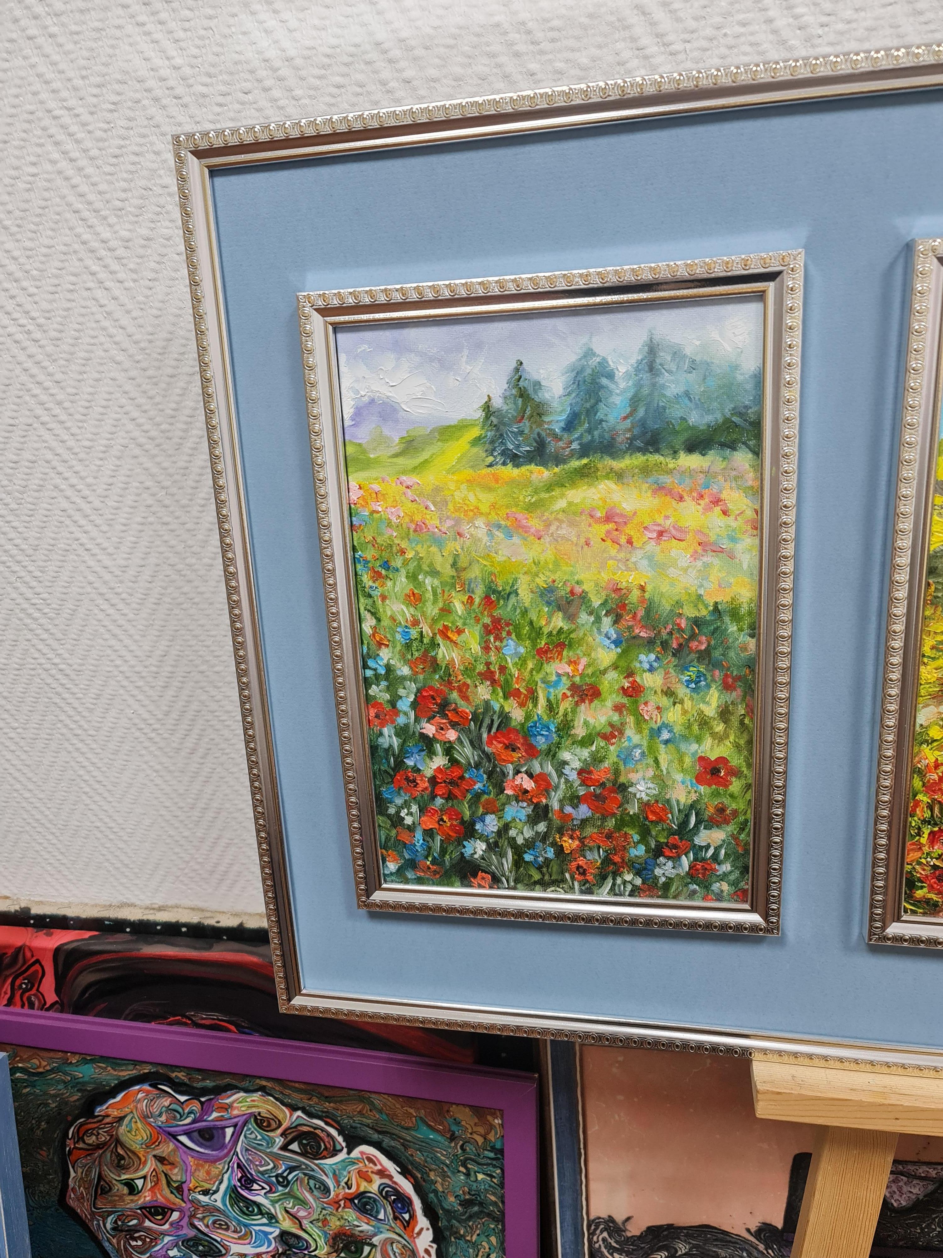 Triptychon Landschaft mit Mohnblumen. Lilija Wolskaja (Grau), Landscape Painting, von Lilya Volskaya