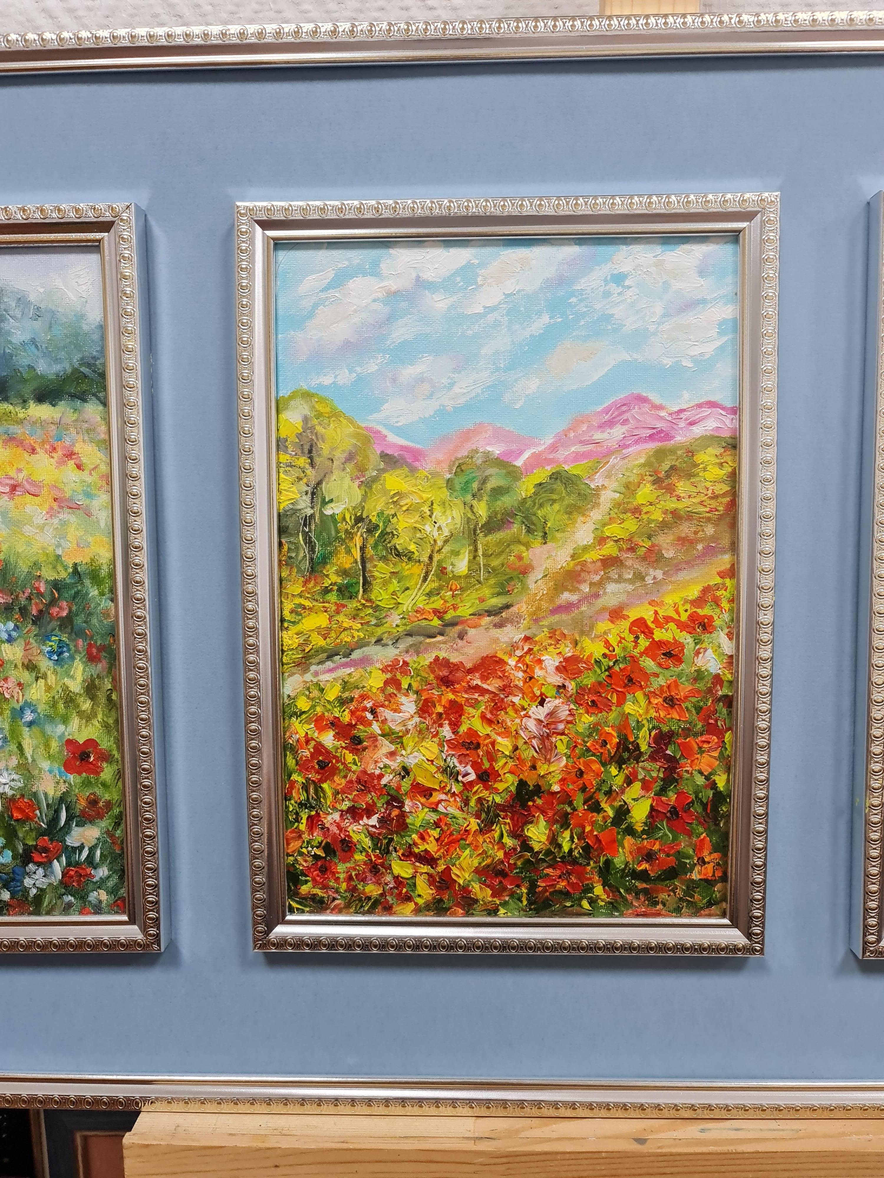 Triptychon Landschaft mit Mohnblumen. Wolskaja Lilija - In den Bergen, Wäldern, Feldern. Eine herrliche Sommerlandschaft im Stil des Impressionismus. Das Strahlen der Sommertage. Festliche rote Mohnblumen erfreuen mit üppiger Blüte. Die leuchtende