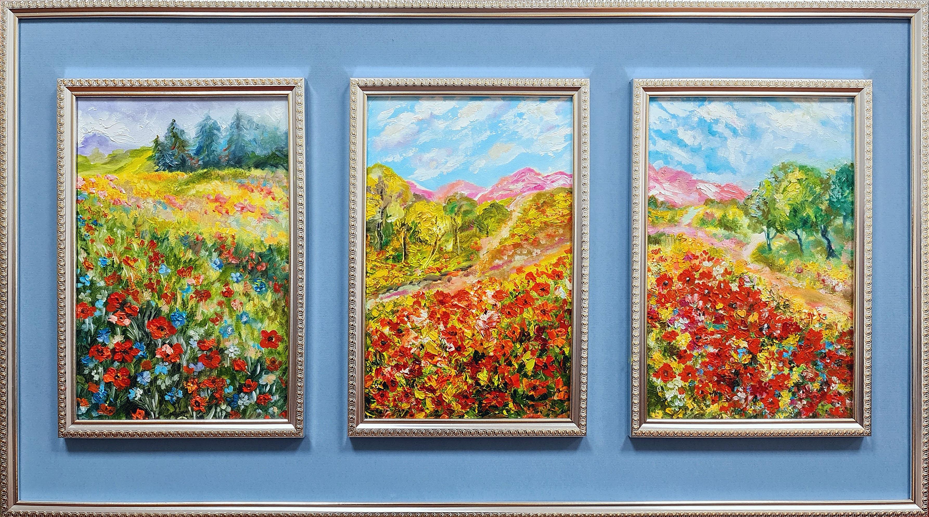 Triptyque Paysage avec coquelicots. Volskaya Liliya
