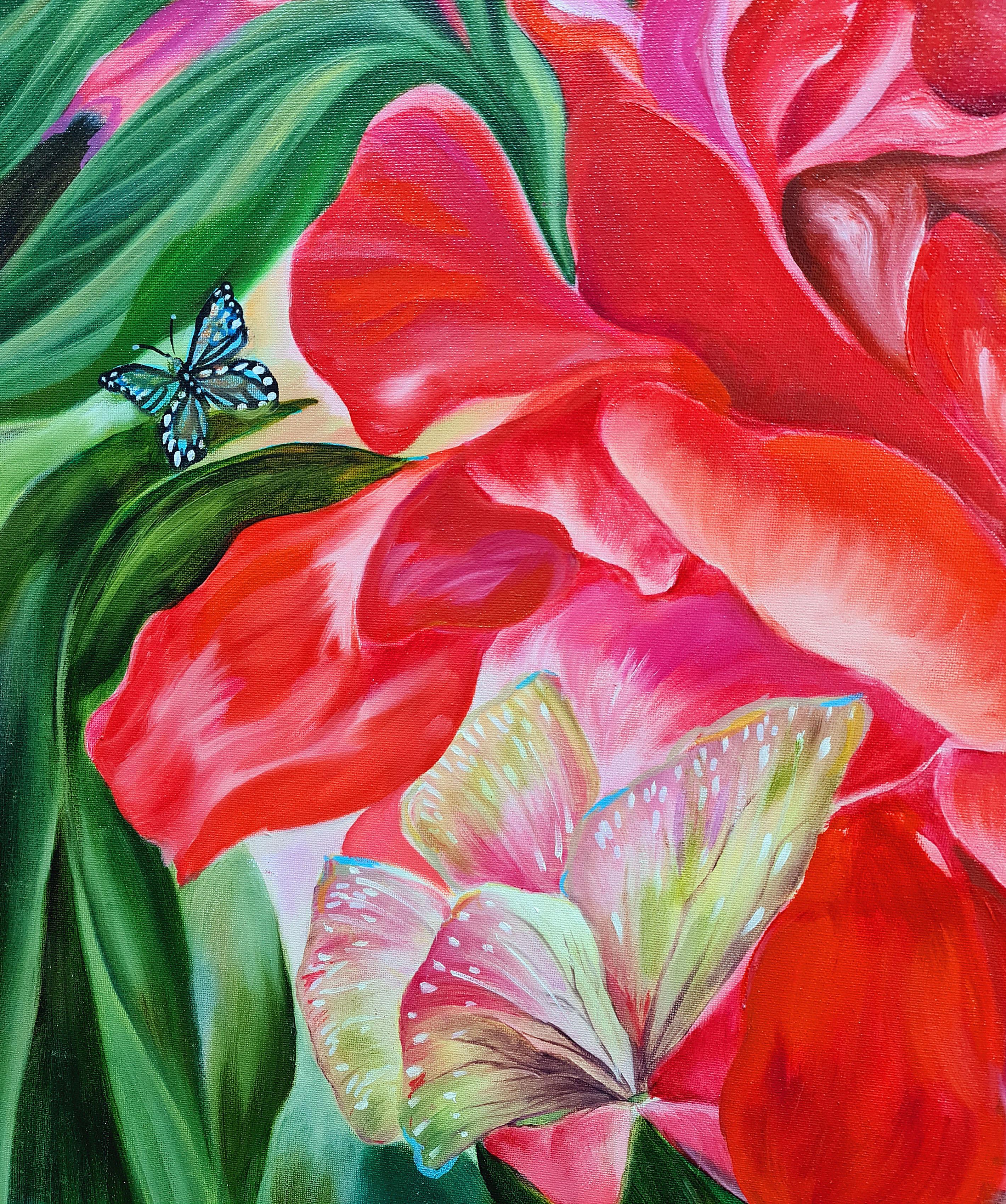 Jungle tropicale. Roses rouges et papillons Peinture à l'huile originale. - Painting de Lilya Volskaya