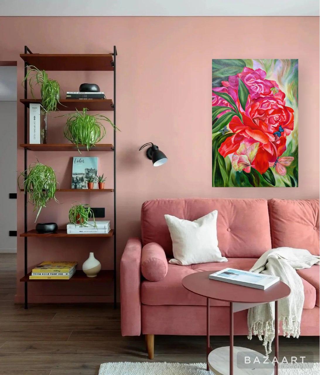 Jungle tropicale. Roses rouges et papillons Peinture à l'huile originale. - Impressionnisme Painting par Lilya Volskaya