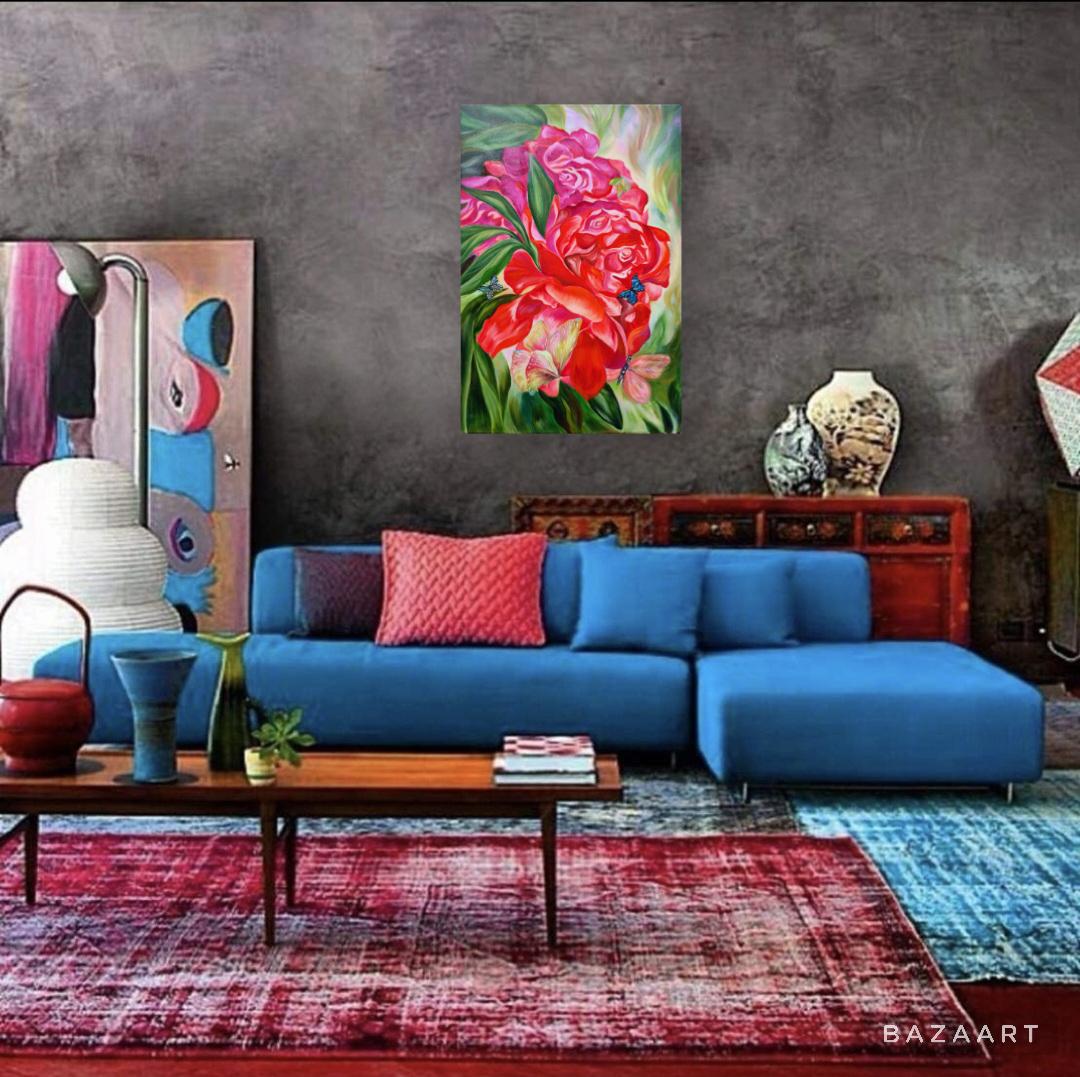 Jungle tropicale. Roses rouges et papillons Peinture à l'huile originale. - Rouge Still-Life Painting par Lilya Volskaya