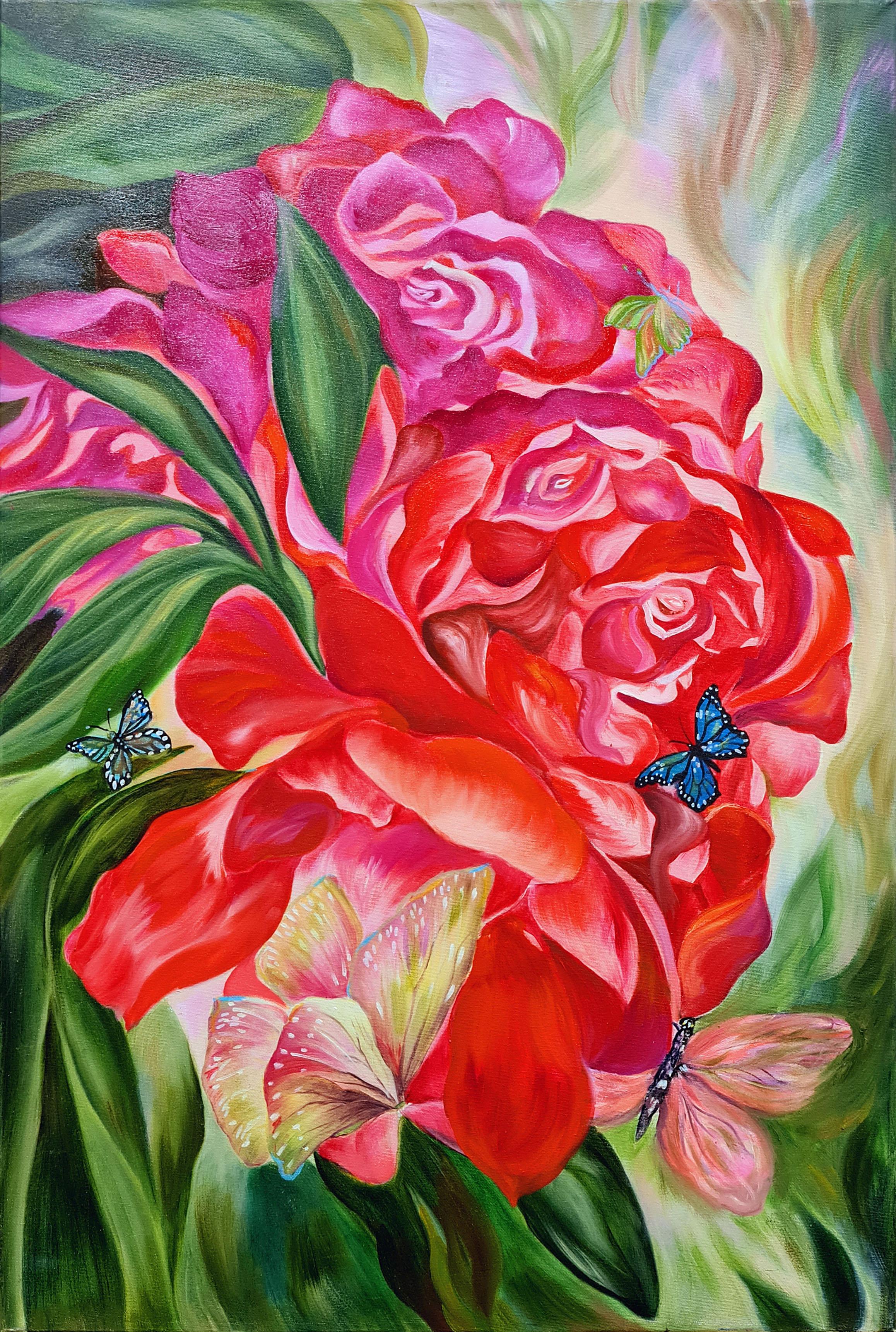 Tropical jungle. Red roses and butterflies. Original oil painting .